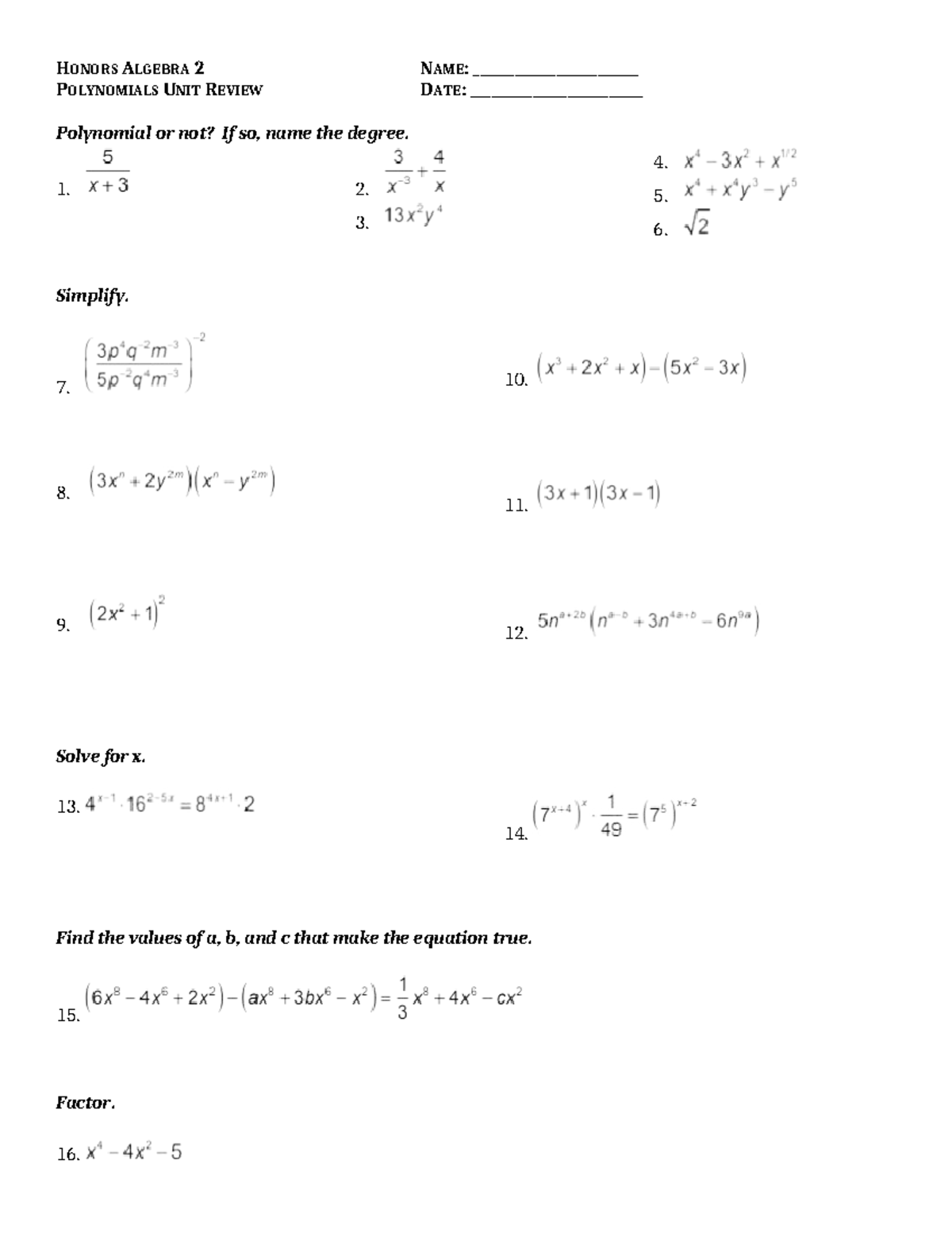 HONORS ALGEBRA 2 POLYNOMIALS UNIT REVIEW - HAlg 2 - Studocu