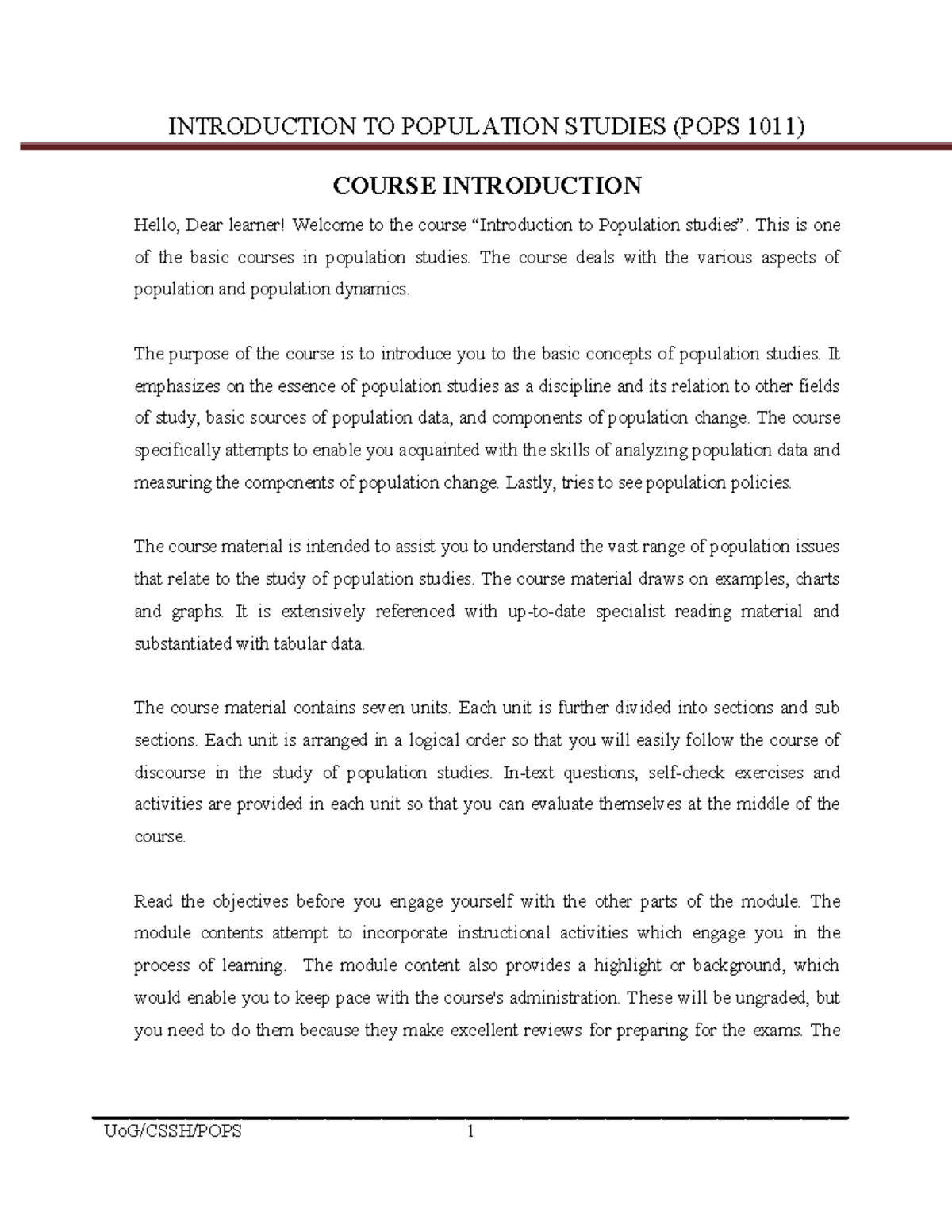 Introduction to Population Studies (POPS 1011) - Lecture Notes - Studocu