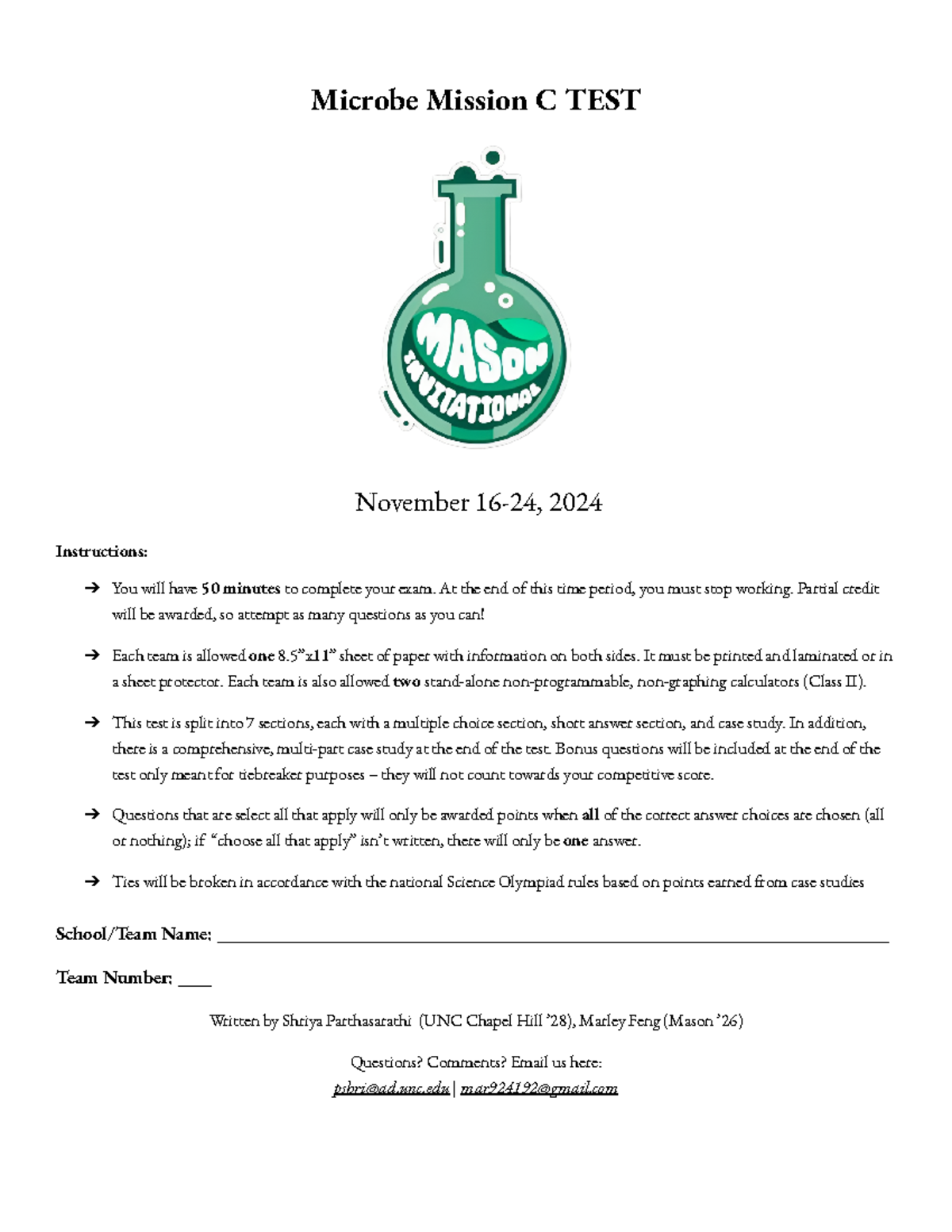 Mason Invy 2024 Microbe Mission test - Microbe Mission C TEST November ...