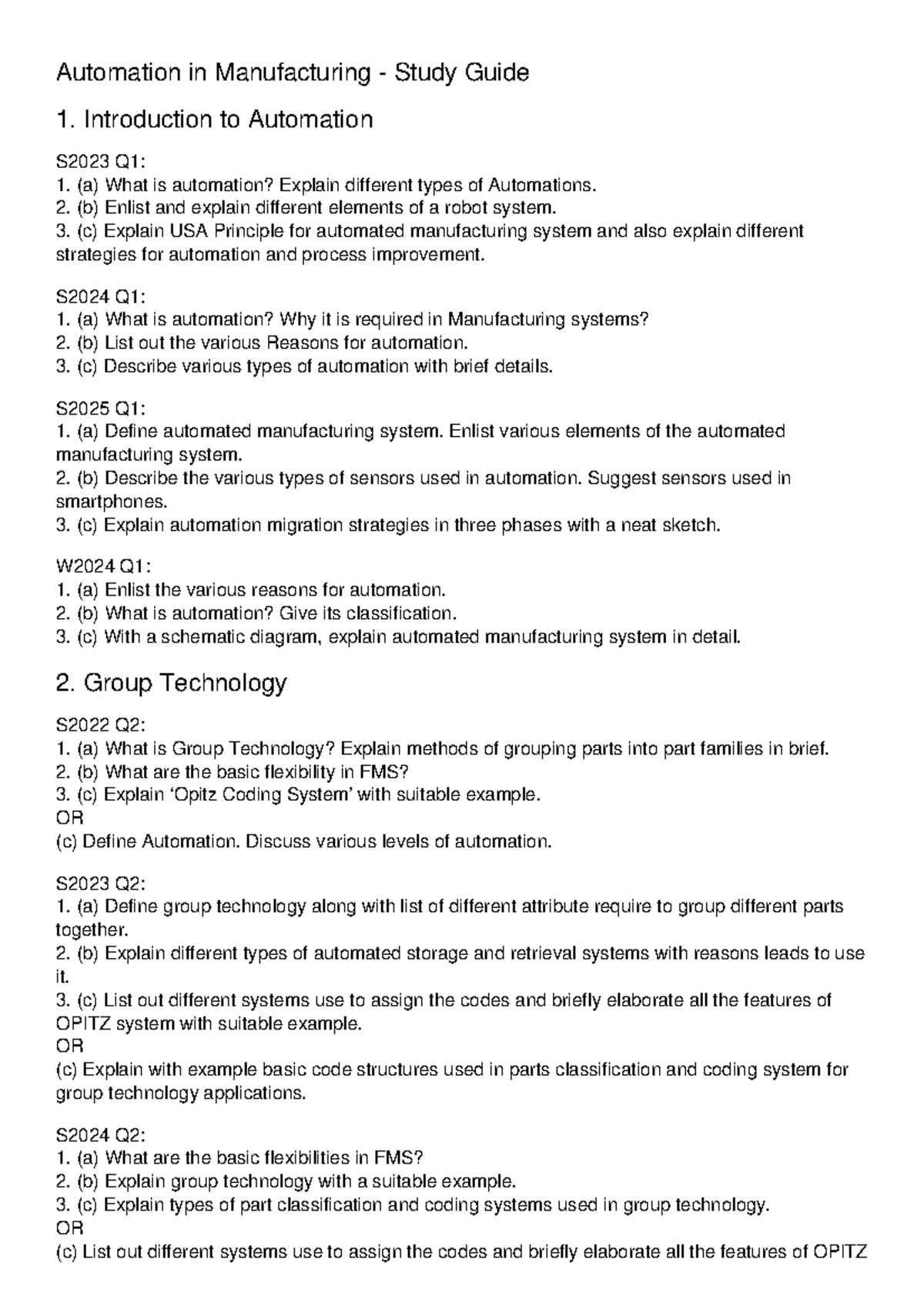 Automation in Manufacturing Study Guide S2023 - S2025 - Studocu
