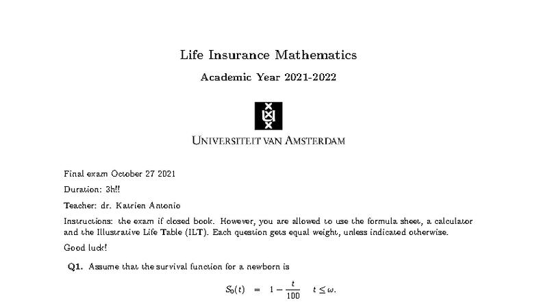 Life Insurance Mathematics (LIM-2021) Final Exam Solutions - Studeersnel