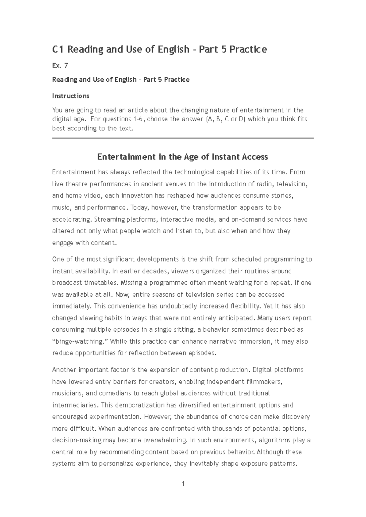 Advanced Reading and Use of English C1 Part 5 Ex 7: Digital ...