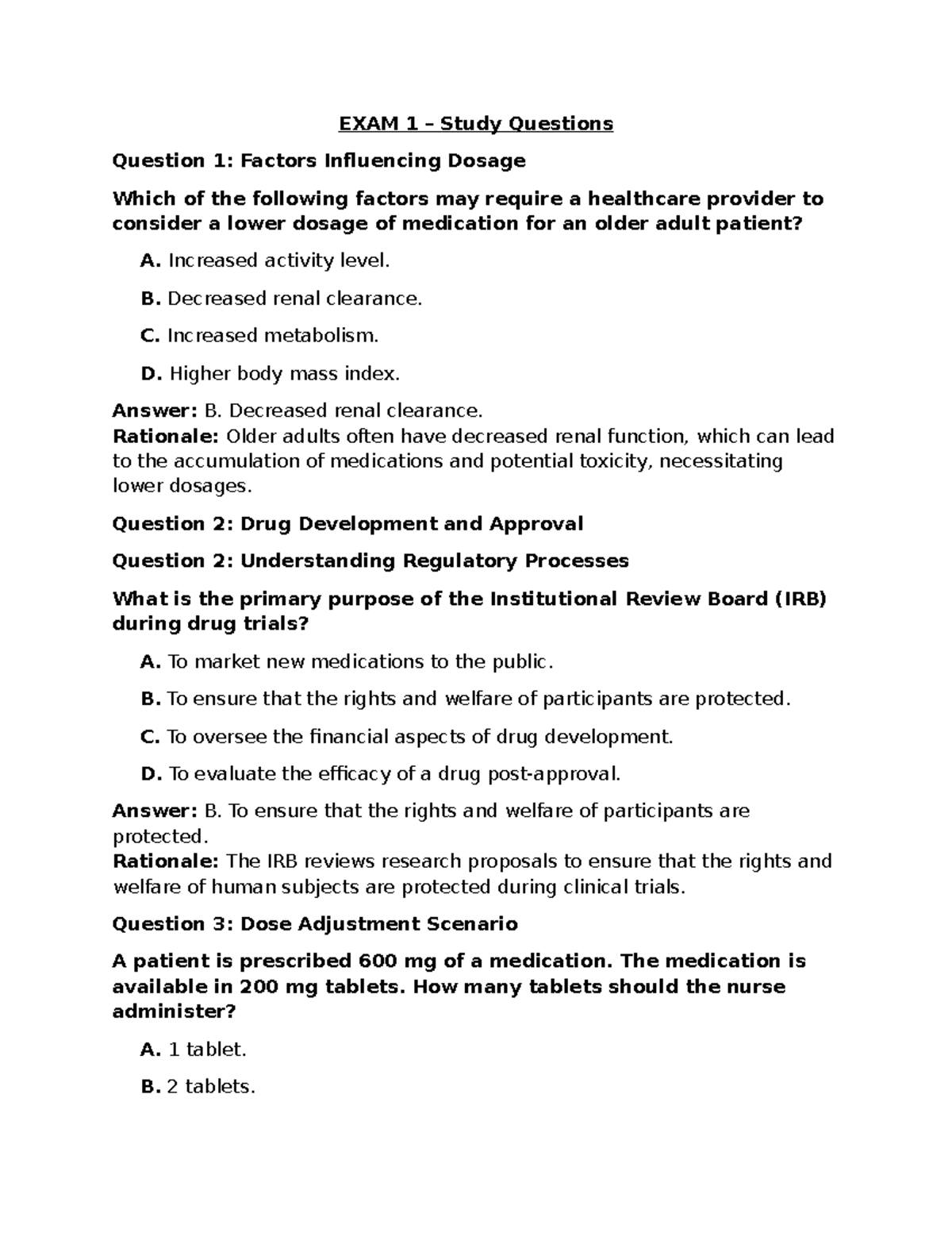 NURS 101: Exam 1 Study Questions on Dosage & Drug Administration - Studocu