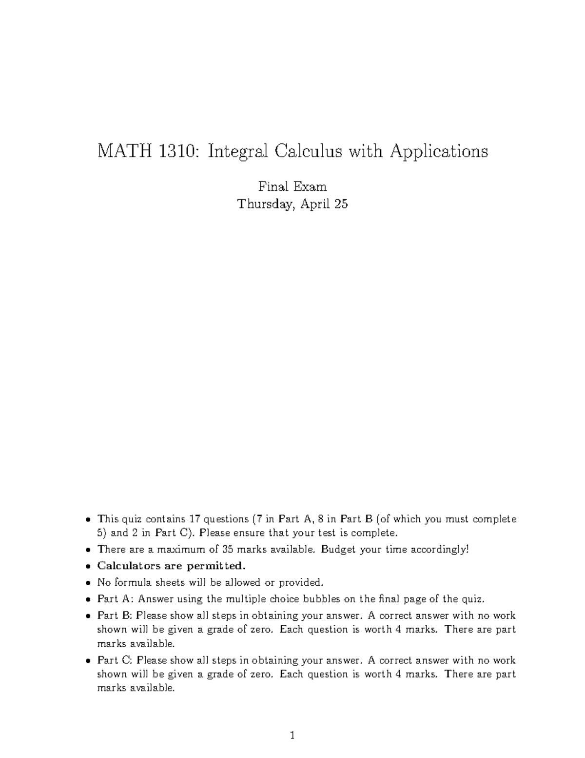 MATH 1310: Final Exam Solutions for Integral Calculus (April 25) - Studocu