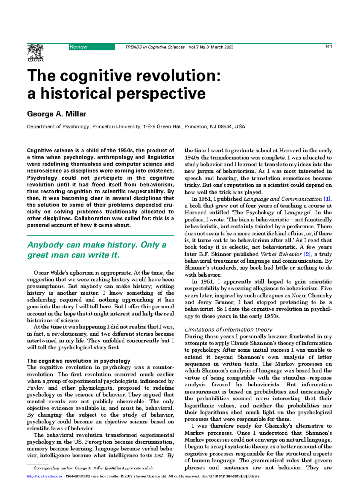 Cognitive Revolution in Psychology: Historical Reflections and ...