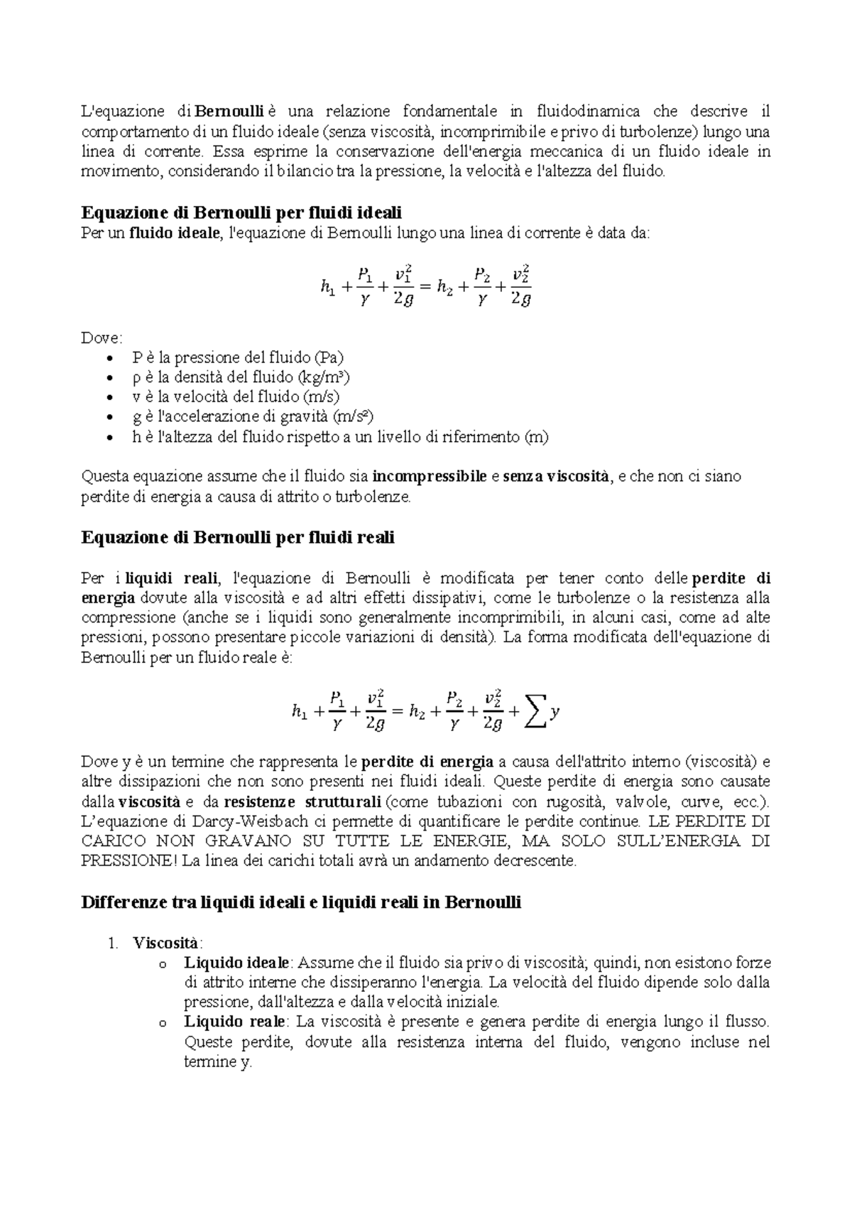 Bernoulli: Equazioni per Fluido Ideale e Reale (Fluidodinamica) - Studocu