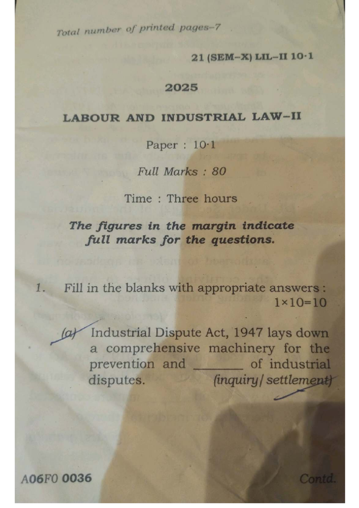Labour and Industrial Law 2: 10.1 Quiz Paper (Full Marks: 80) - Studocu
