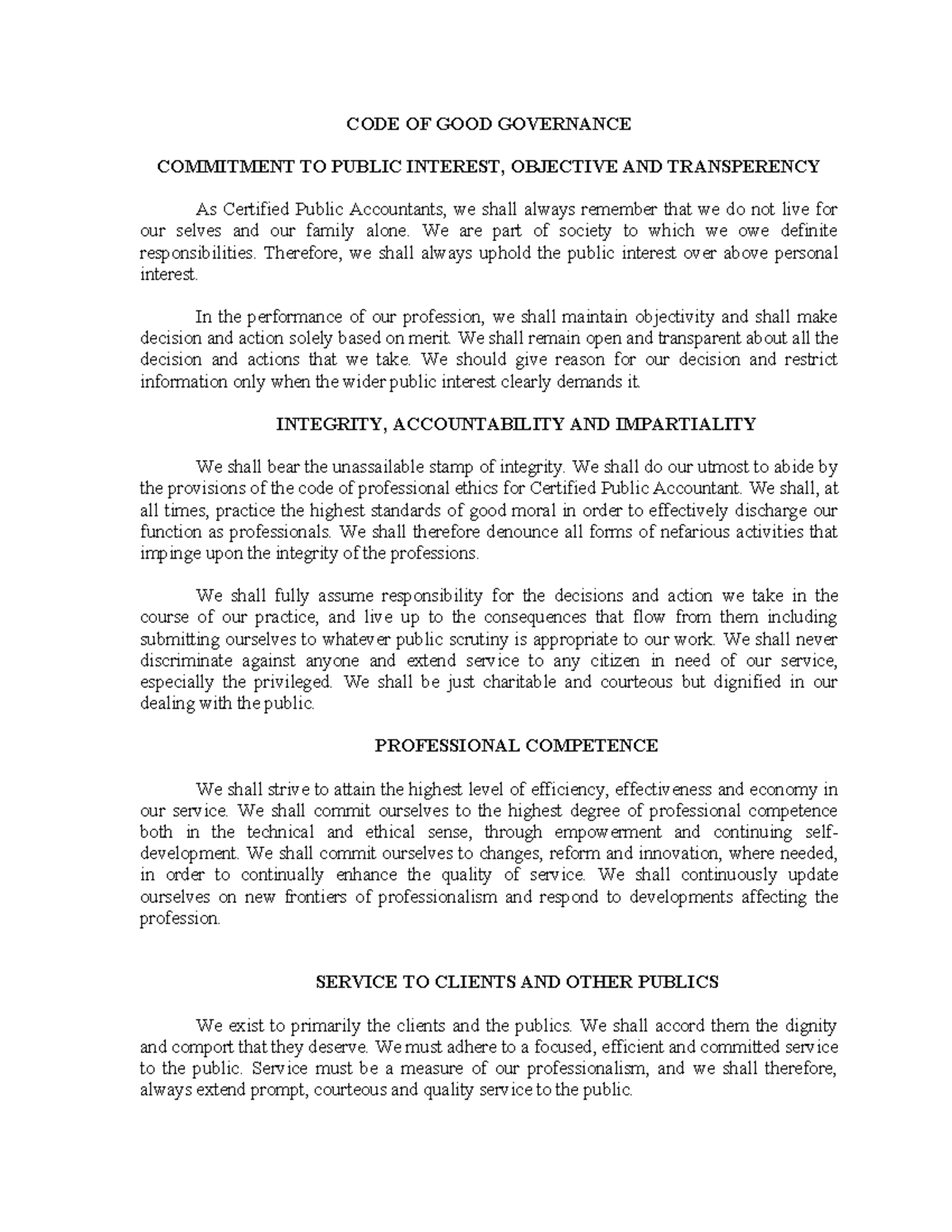 CODE OF GOOD Governance Single - CODE OF GOOD GOVERNANCE COMMITMENT TO ...