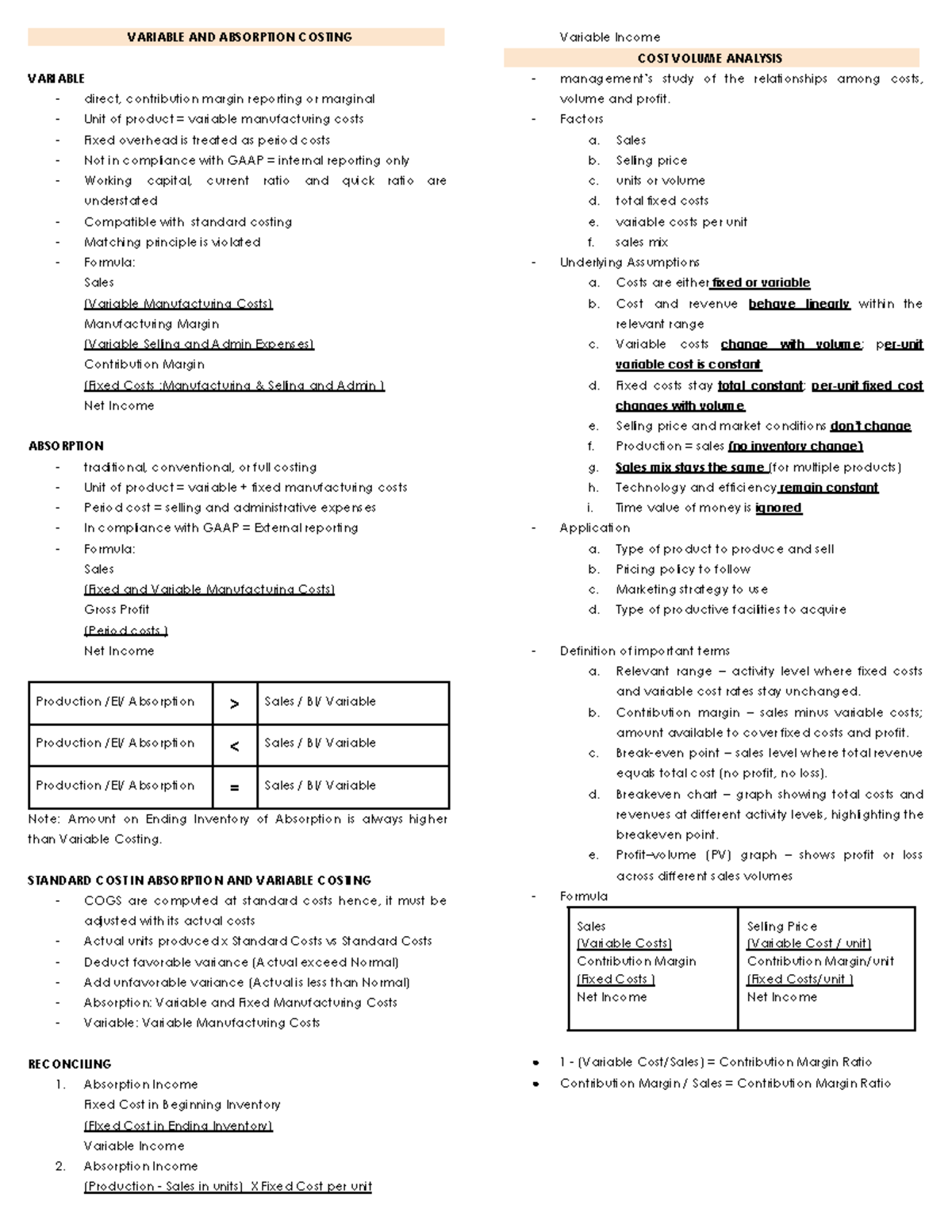 MAS - Lecture Notes on Variable and Absorption Costing Analysis - Studocu