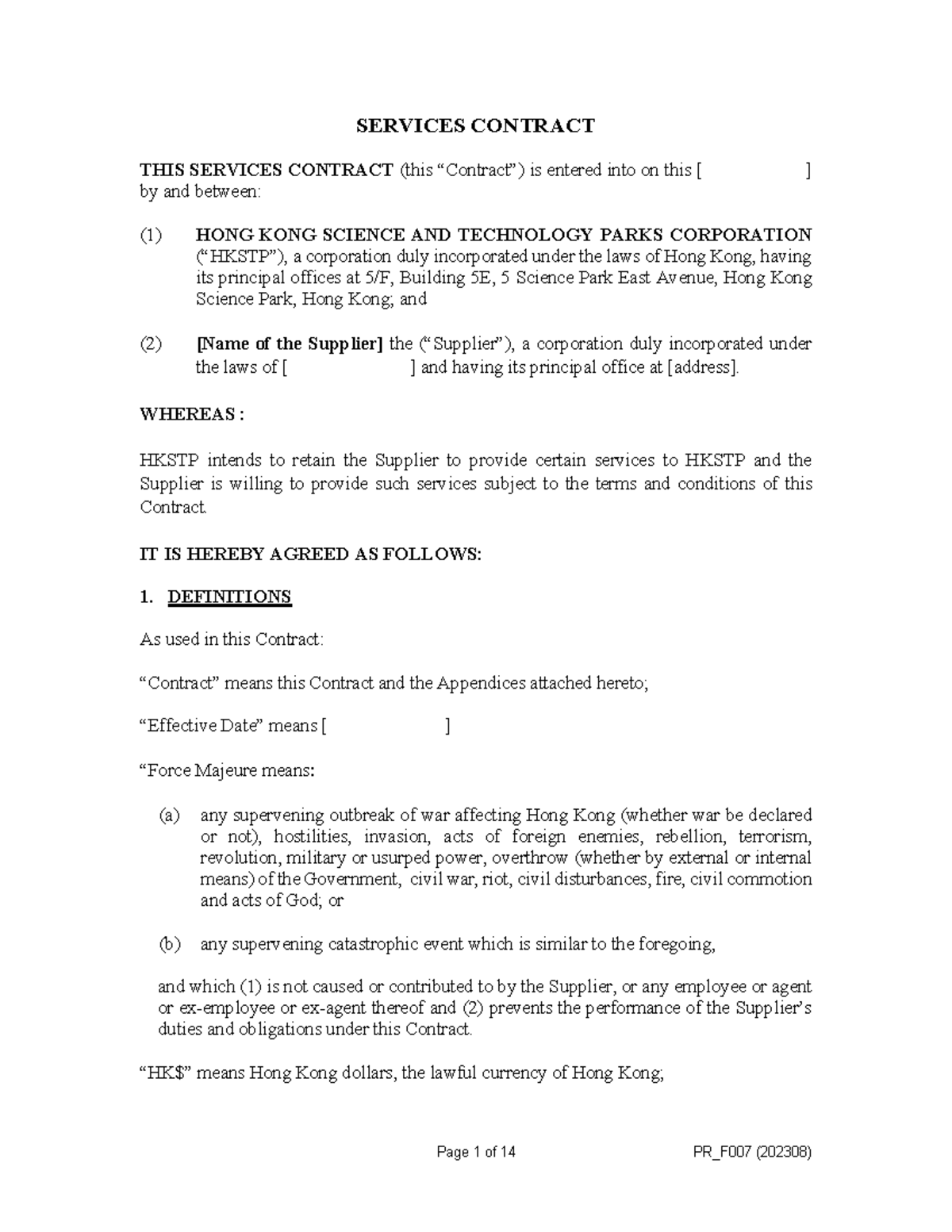Service Agreement 01: HKSTP Supplier Contract Details - Studocu
