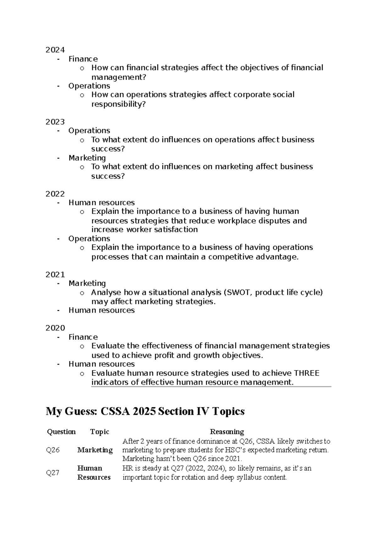 CSSA 2025 Past Business Studies Section IV Questions Analysis - Studocu