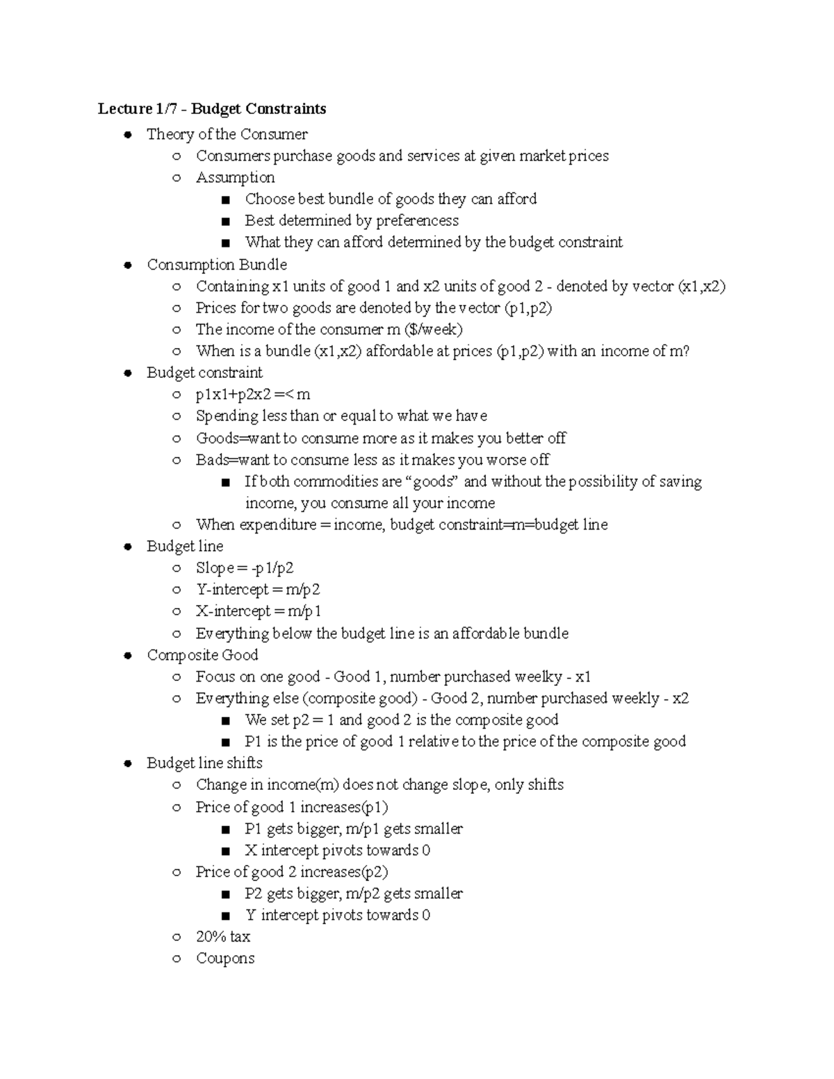 Econ 10A Lecture Notes: Budget Constraints & Consumer Theory - Studocu