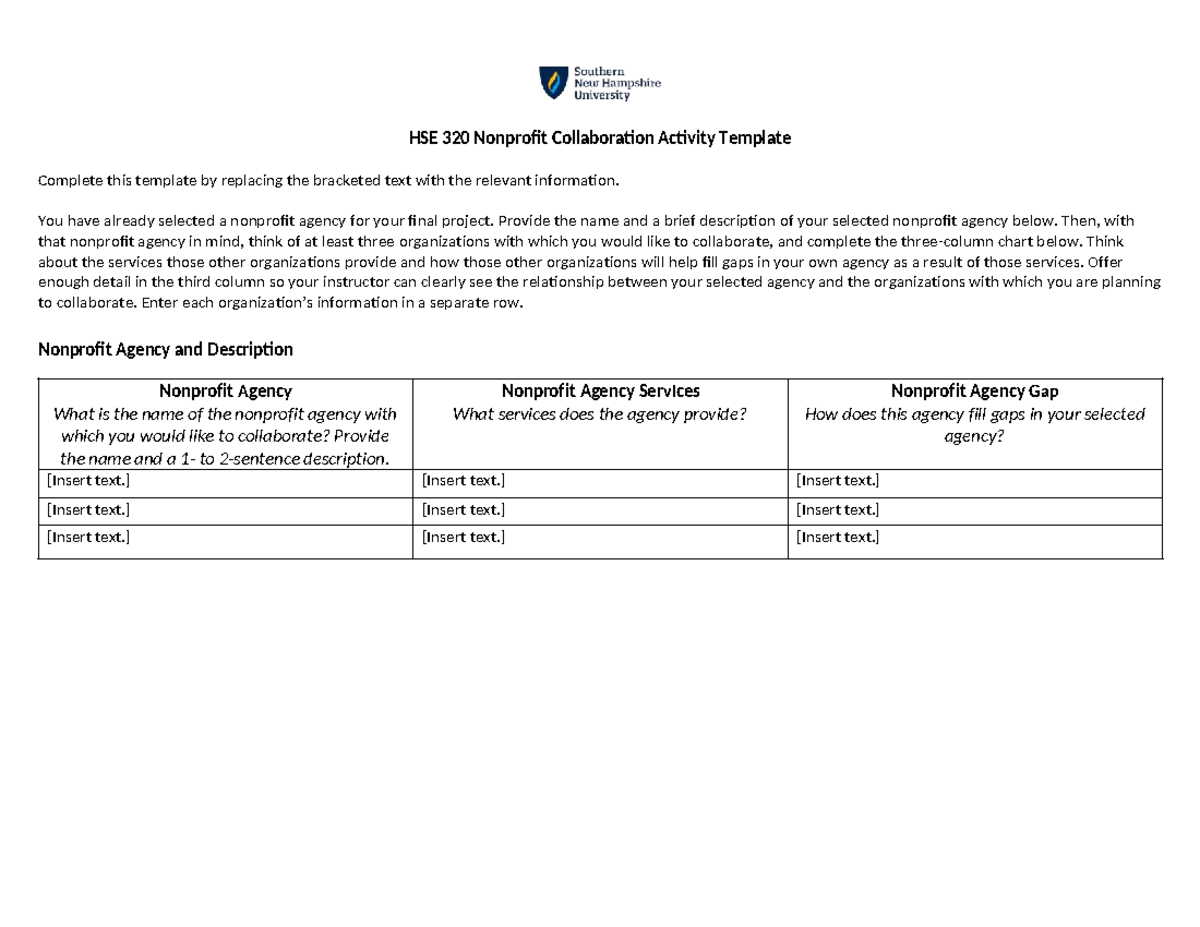 HSE 320 Nonprofit Collaboration Project Template - Studocu