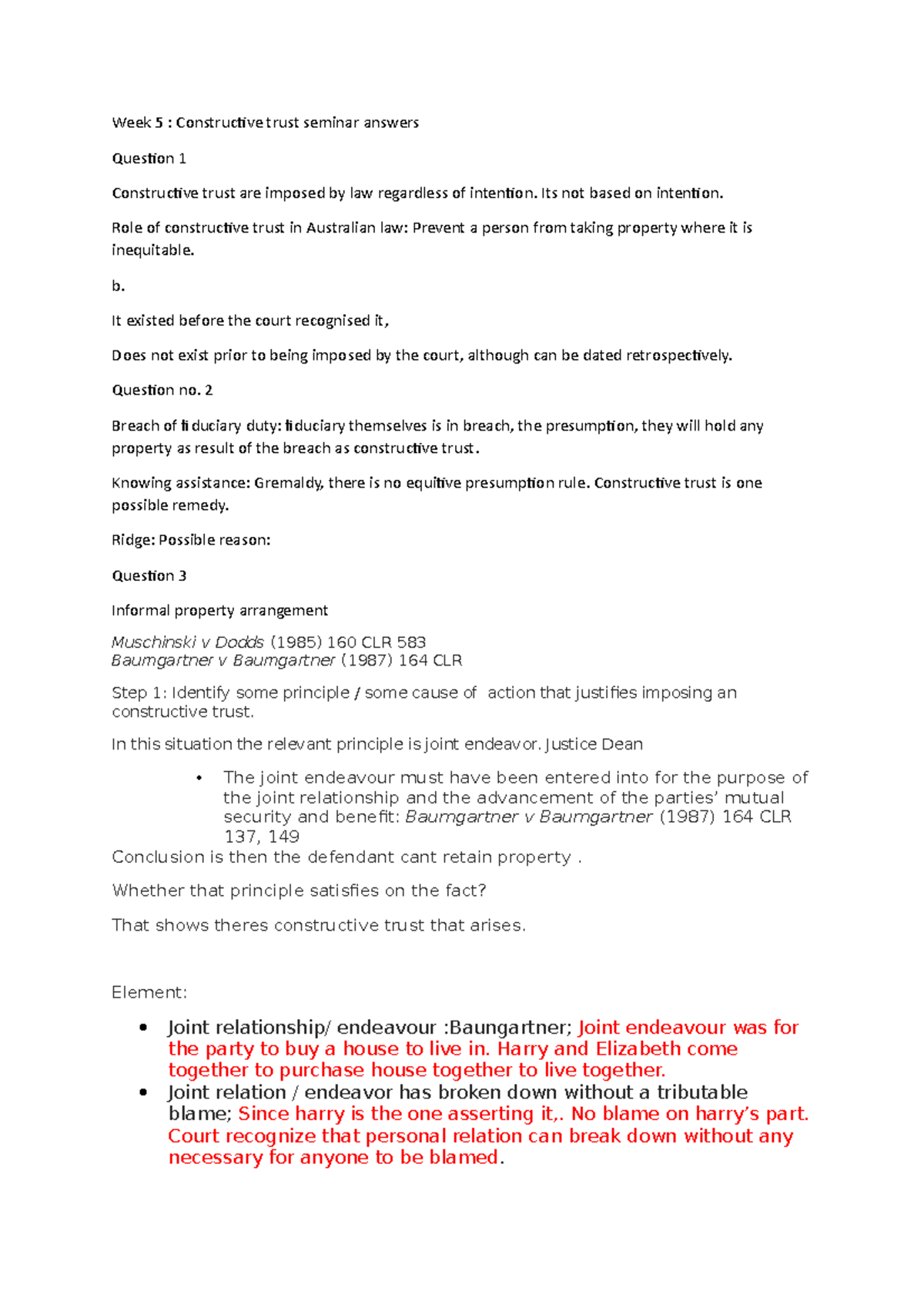 Week 5 constructive trust answers - Week 5 : Constructive trust seminar ...