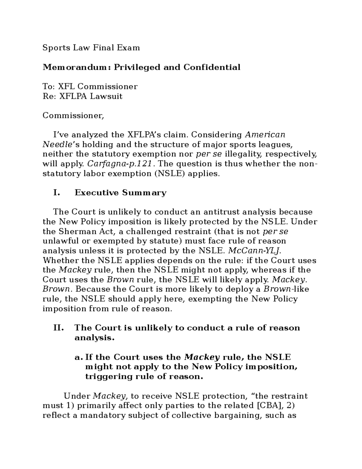Sports Law Final Exam Analysis: XFLPA Legal Issues - Studocu