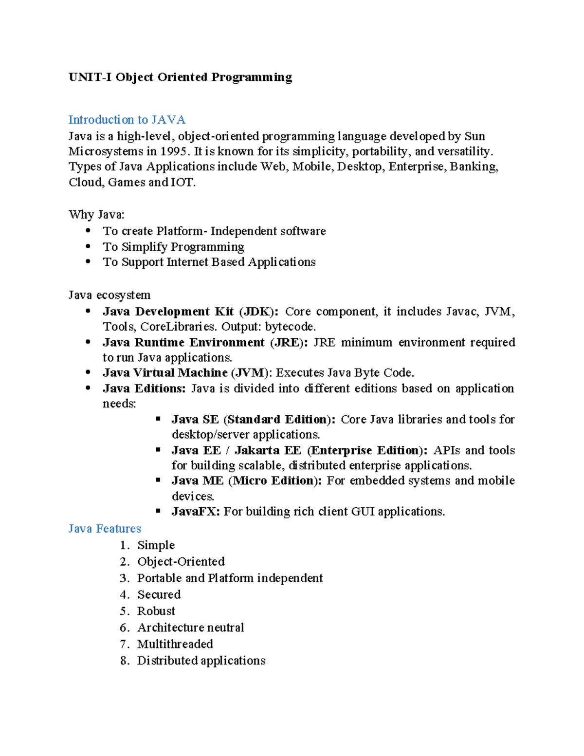 OOP Through Java: Unit 1 Overview and Key Concepts - Studocu