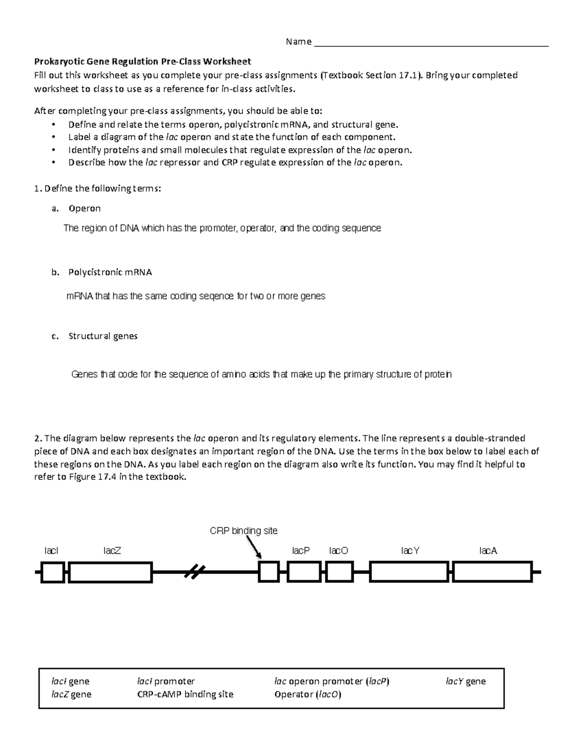 Week 7b Pre-Class Reading Guide - Prokaryotic Gene Regulation - Name ...