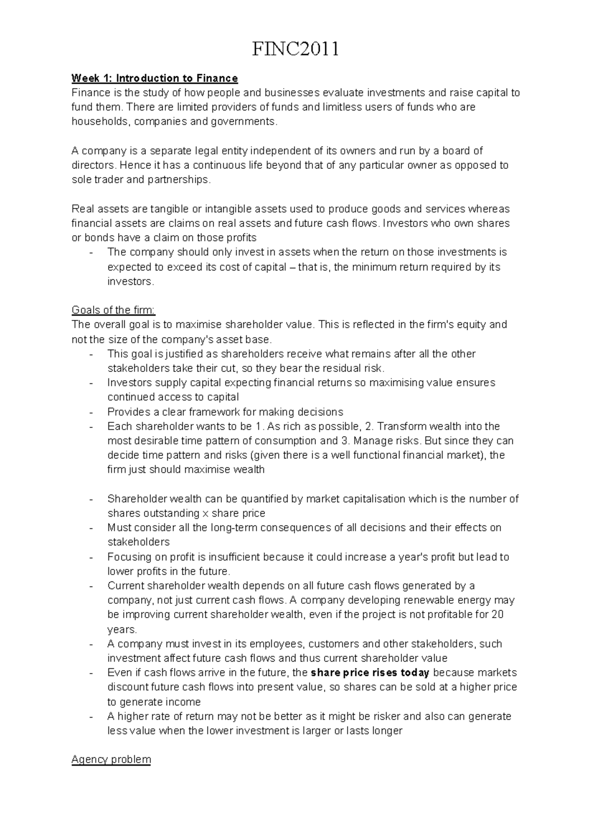 SEM 1 2026 - FINC2011 Lecture Notes: Introduction to Finance Concepts ...