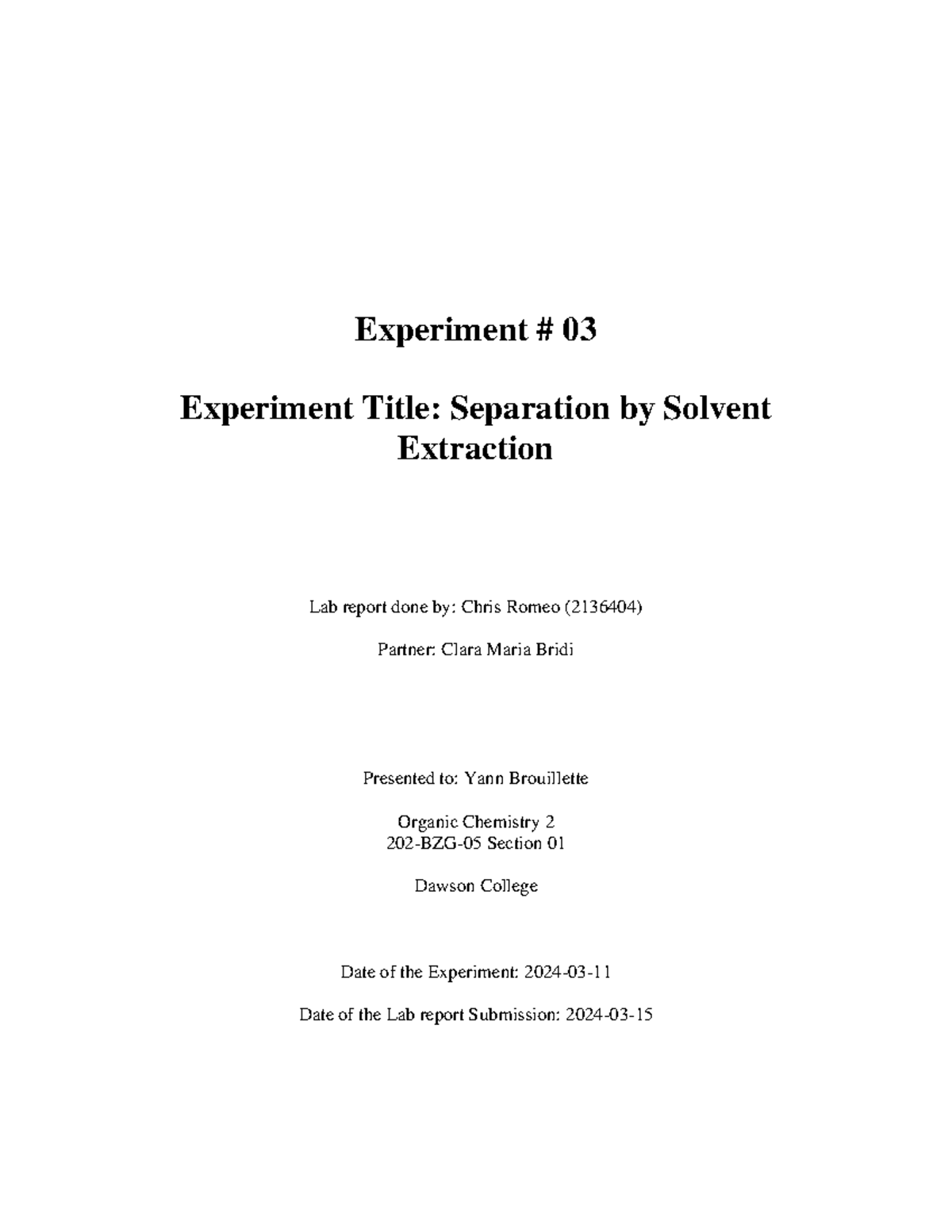 Lab 3: Separation by Solvent Extraction - Organic Chemistry 2 (202-BZG ...