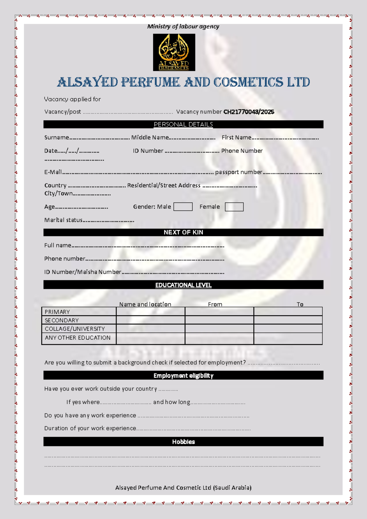 Job Application for Social Cleaner at ALSAYED PERFUME AND COSMETICS LTD ...