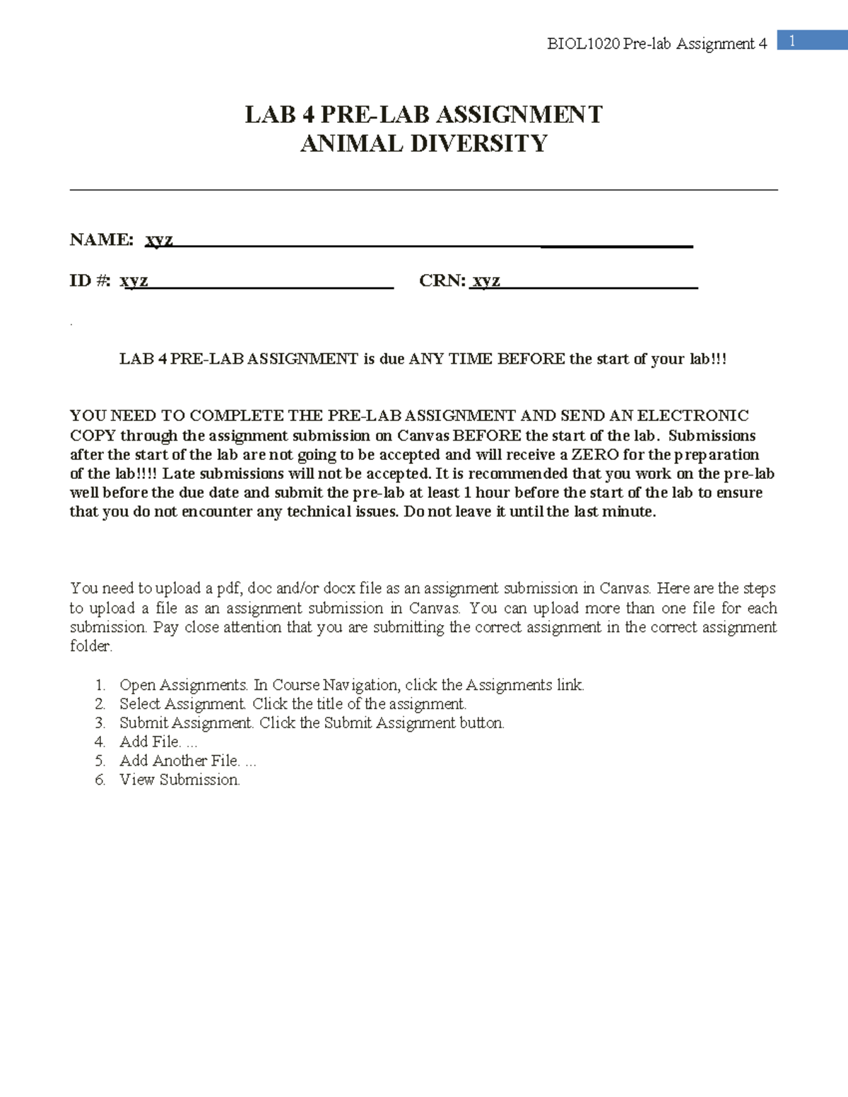 Pre-Lab #4: Exploring Animal Diversity - BIO1020U Lab 4 Assignment ...