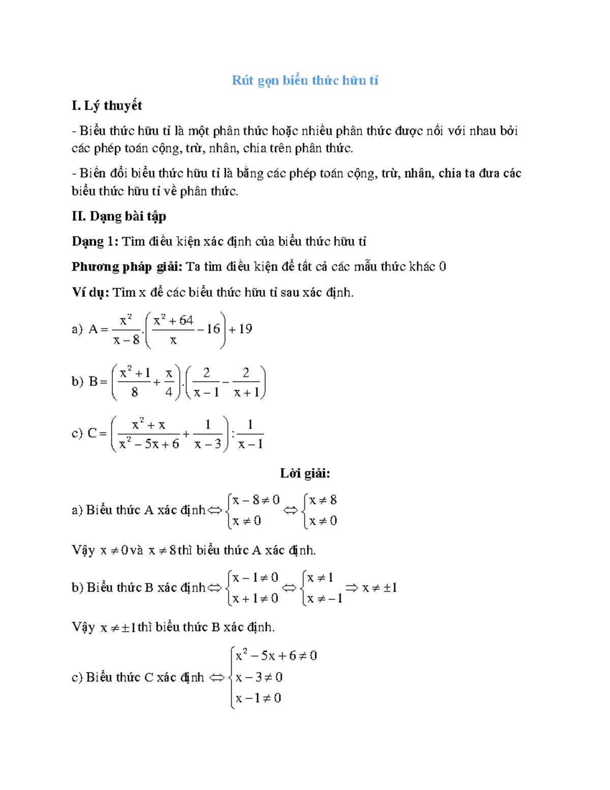 Rút gọn Biểu thức Hữu tỉ - Lý thuyết và Bài Tập (MATH 101) - Studocu