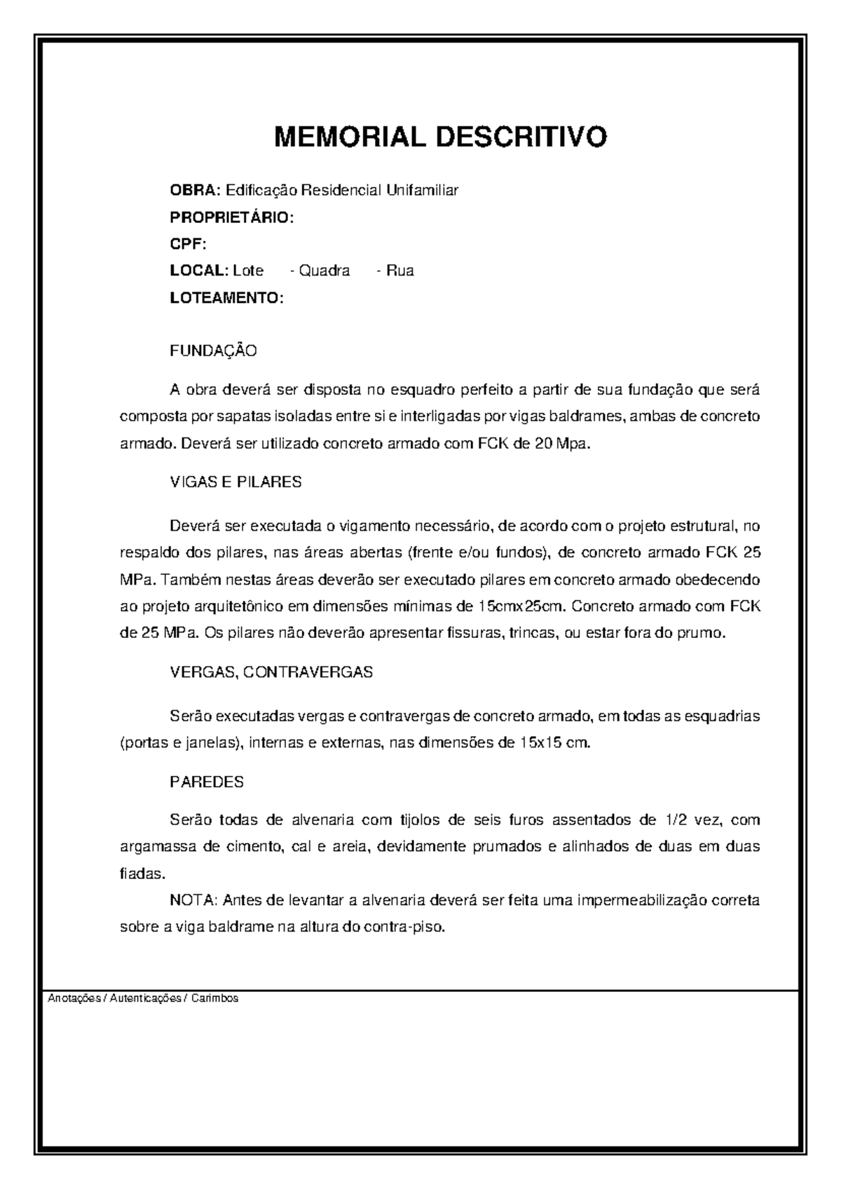 Modelo de Memorial Descritivo: Edificação Residencial Unifamiliar - Studocu