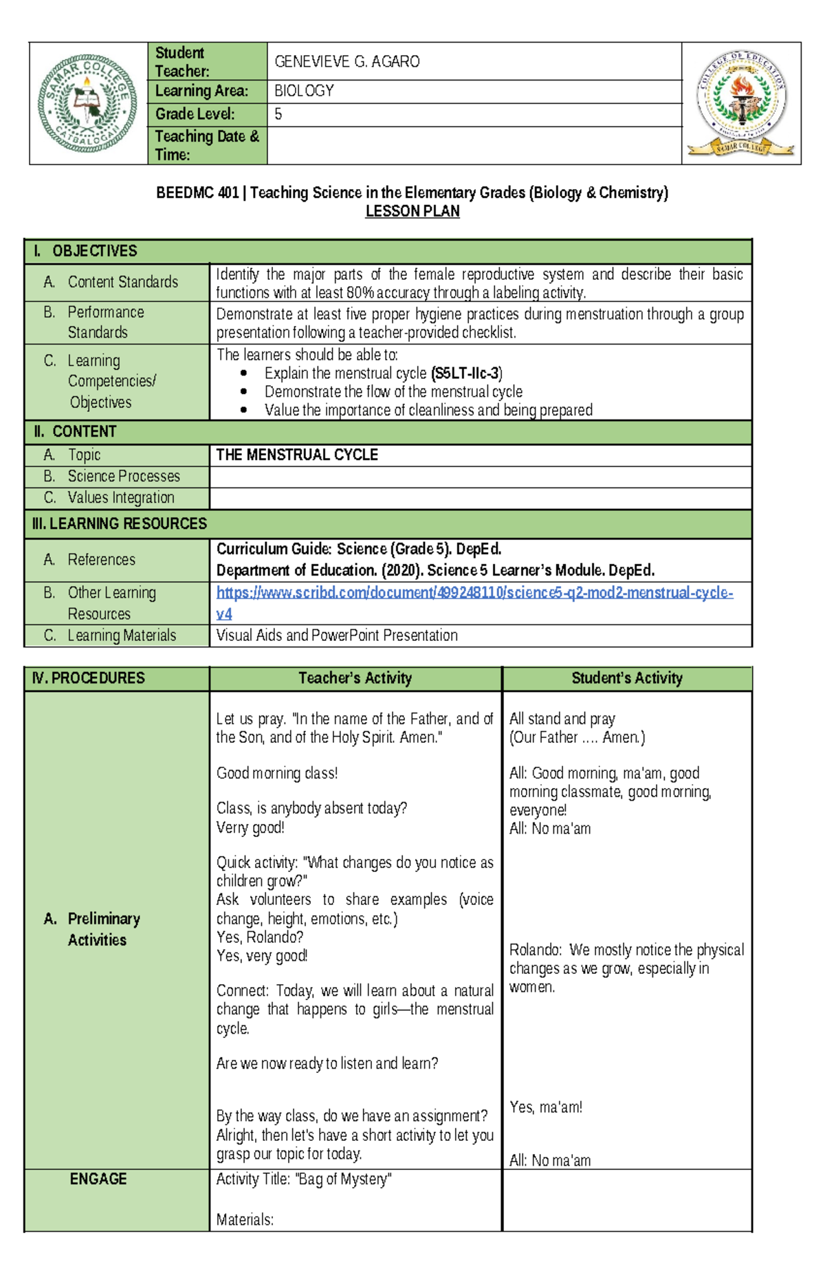 Lesson Plan: Menstrual Cycle - Science 5 (BEEDMC 401) - Studocu