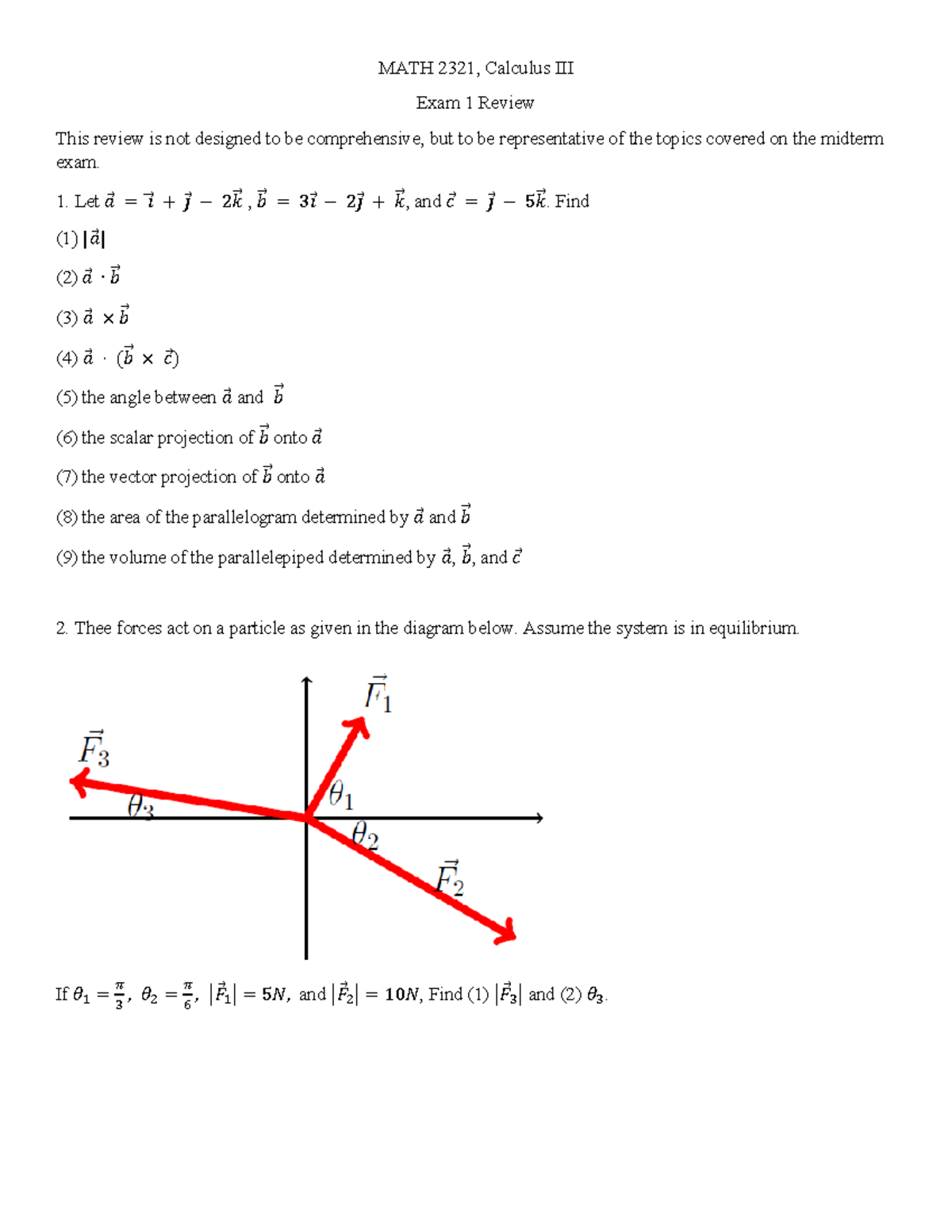 MATH 2321 - Calculus III Exam 1 Review Practice - Fall 2023 - Studocu