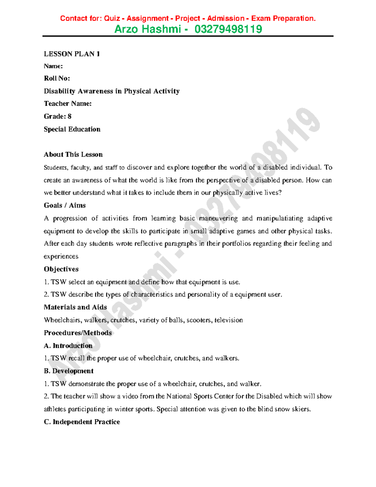 40 Lesson Plan (Eng, Sci, PS) 3600+ - Arzo Hashmi - 03279498119 LESSON ...