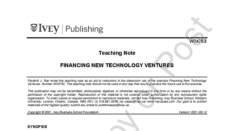 Teaching Note for Case Study: Financing New Technology Ventures (W24753 ...