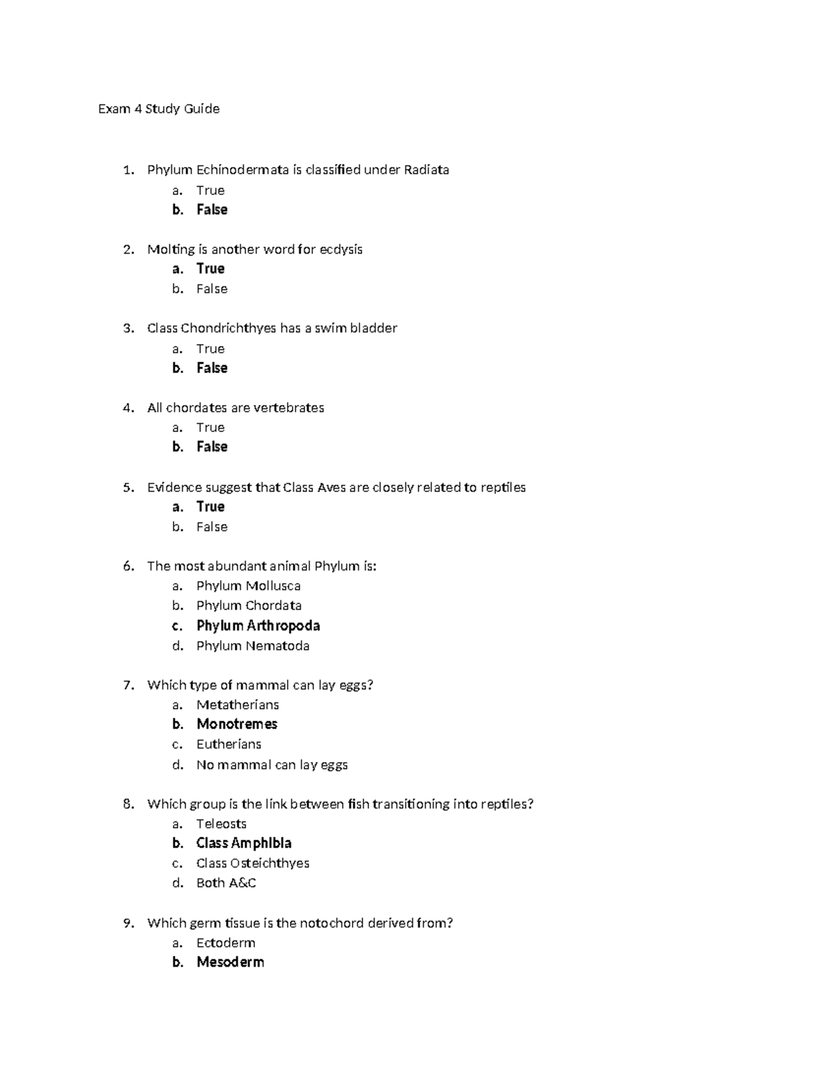 LL - Unit 4 Exam Study Guide: Echinoderms, Chordates & More - Studocu