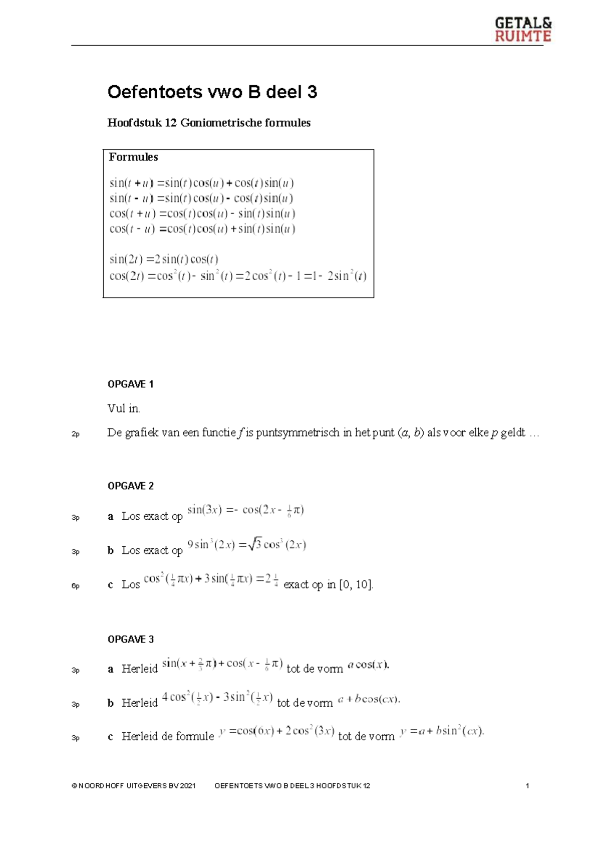 GR12 VB3 H12 Oefentoets: Goniometrische Formules en Opgaven - Studeersnel
