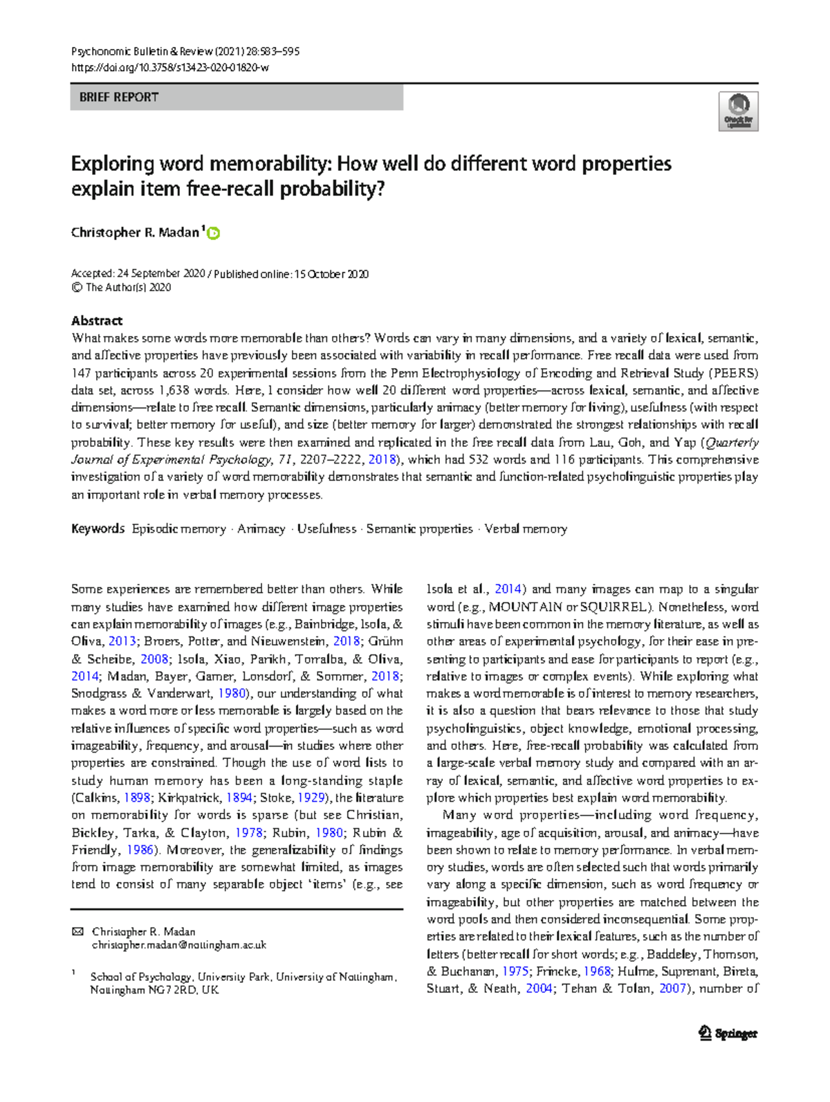 Exploring Word Memorability: Key Properties Influencing Recall (PSY ...