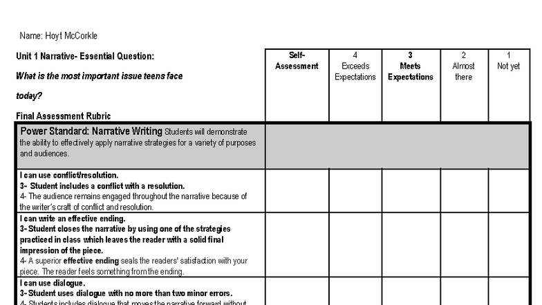Hoyt McCorkle - Unit 1 Final Assessment: Narrative Writing Guide - Studocu