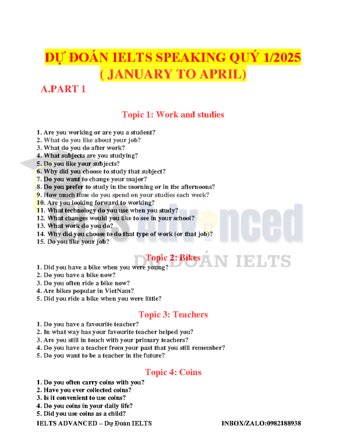 Dự Đoán IELTS Speaking Part 1: Topics & Questions for Q1 2025 - Studocu