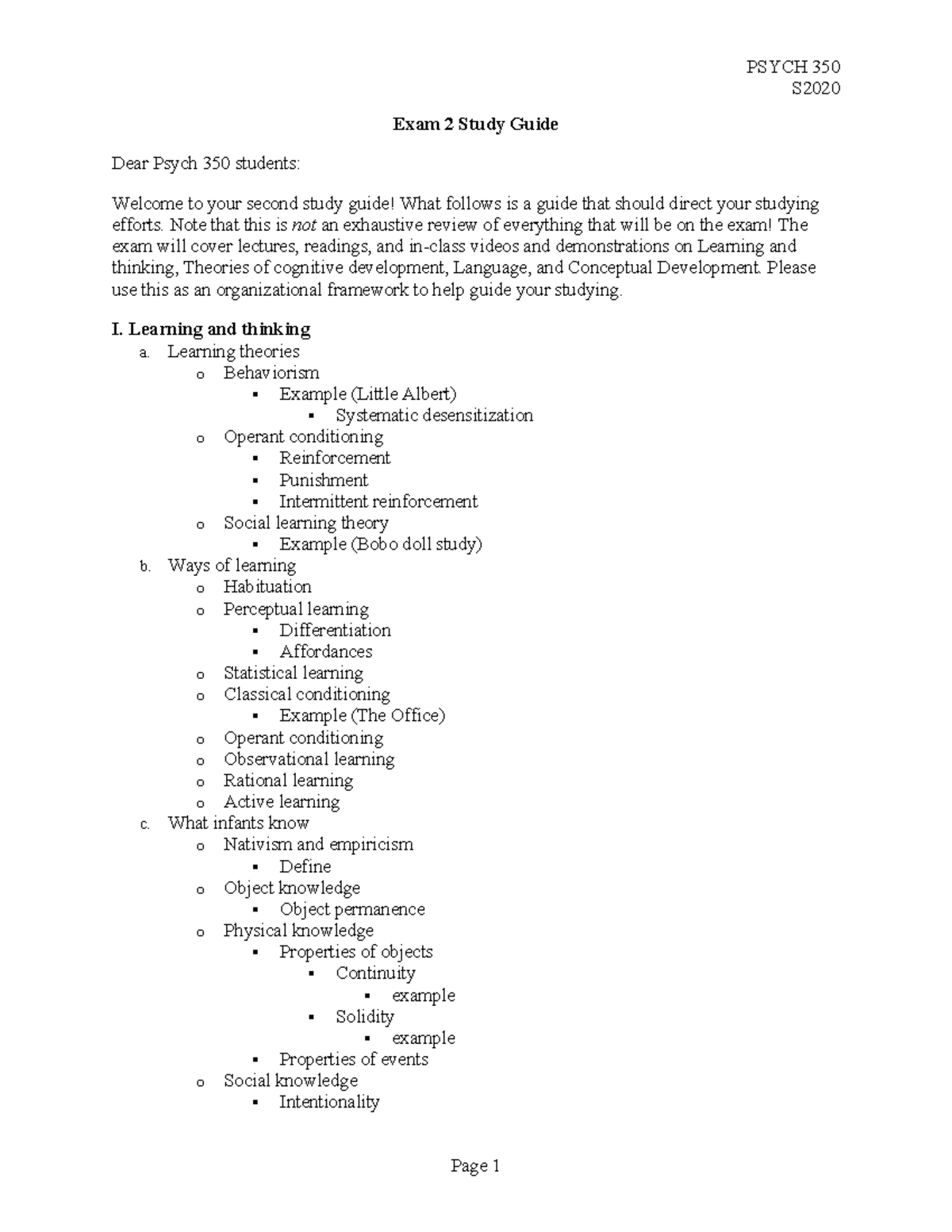 Psych 350 Exam 2 Study Guide - S Exam 2 Study Guide Dear Psych 350 ...