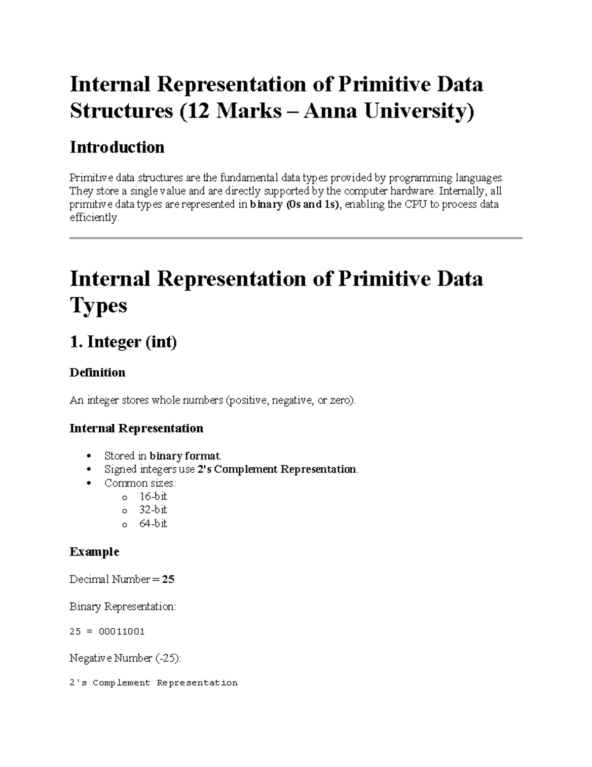 Internal Representation of Primitive Data Structures (12 Marks) - Studocu