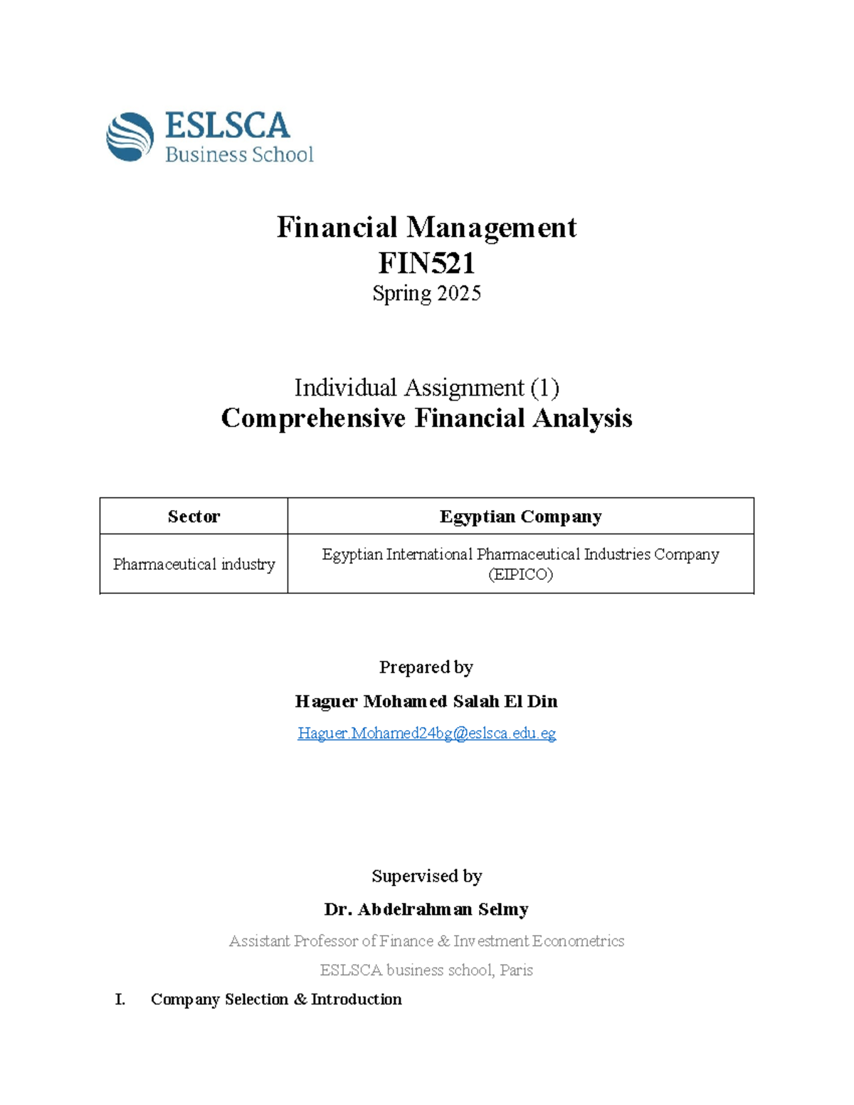 Financial Management FIN521 Spring 2025: EIPICO Financial Analysis ...