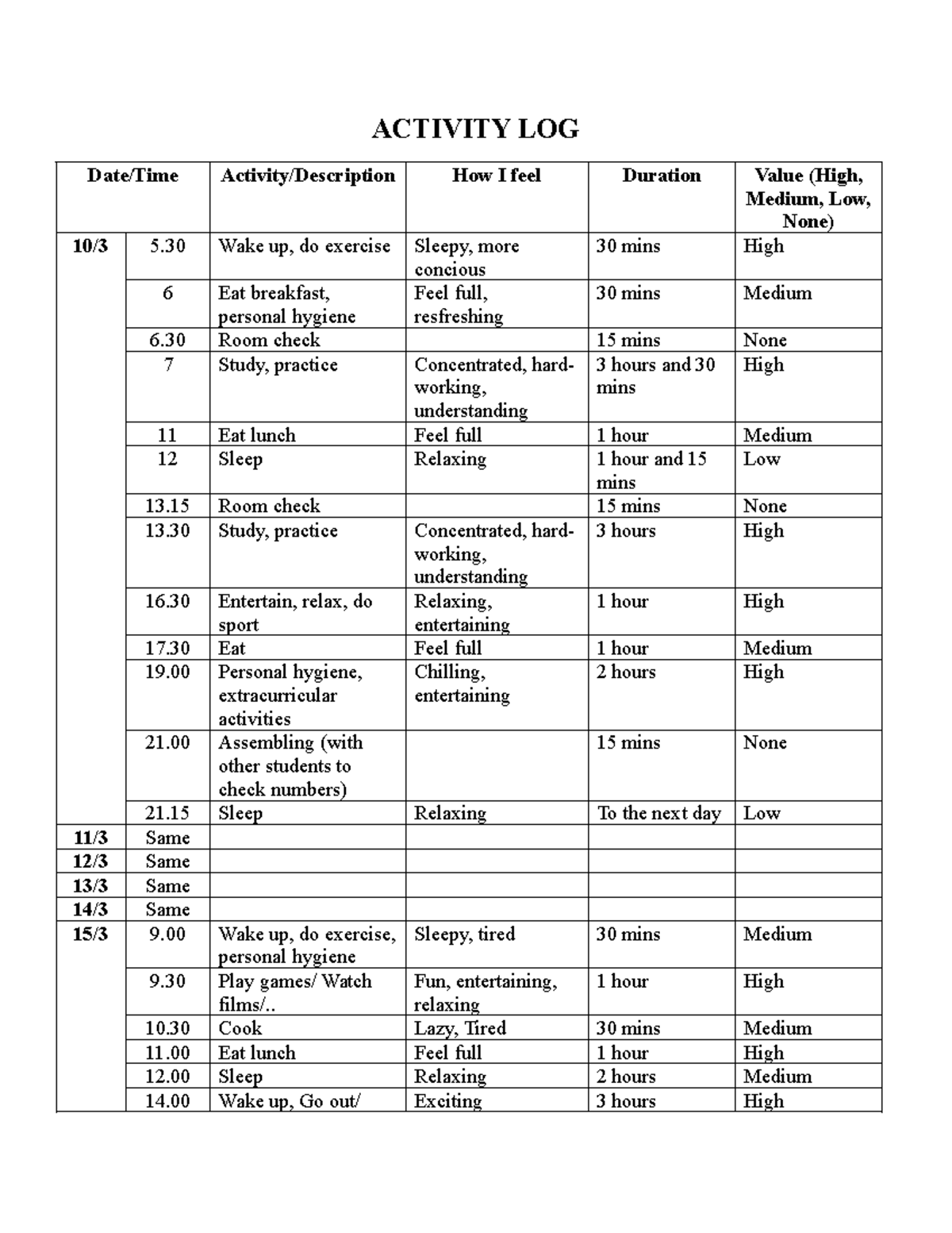 Activity Log: Daily Schedule and Feelings Tracking - Studocu