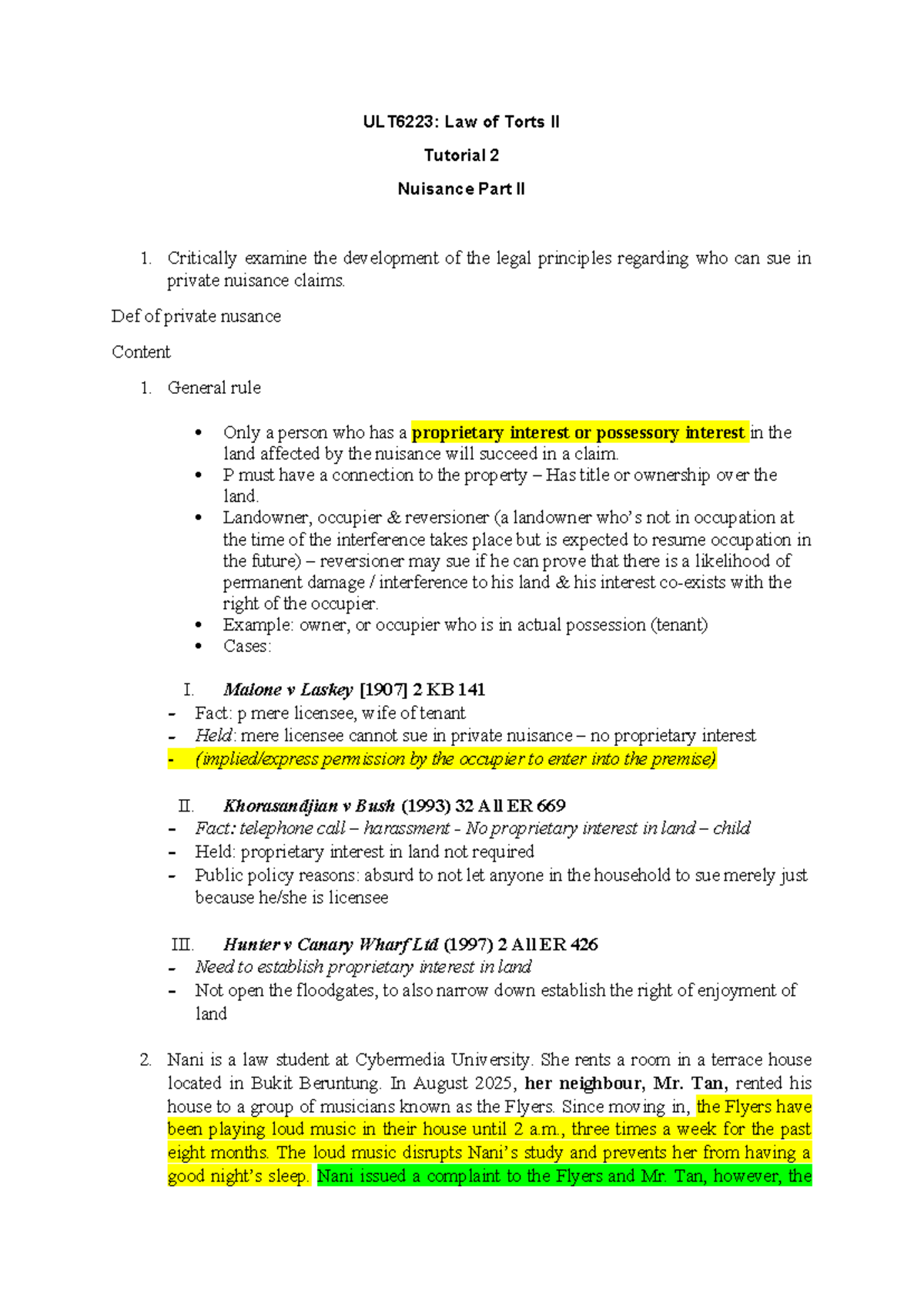 ULT6223: Law of Torts II Tutorial 2 - Private and Public Nuisance ...