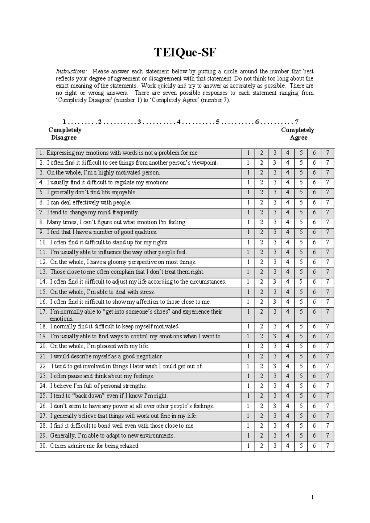 TEIQue-SF Assessment Instructions and Response Scale - Studocu