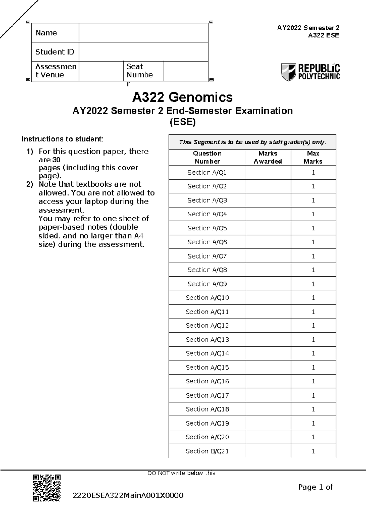 AY2022 Sem 2 A322 ESE - Genomics Examination Questions and Answers ...