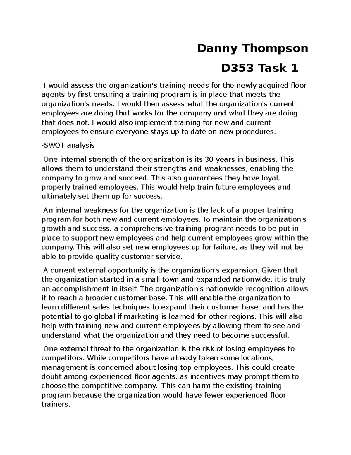 D353 Task 1: Assessing Training Needs for Floor Agents - Studocu