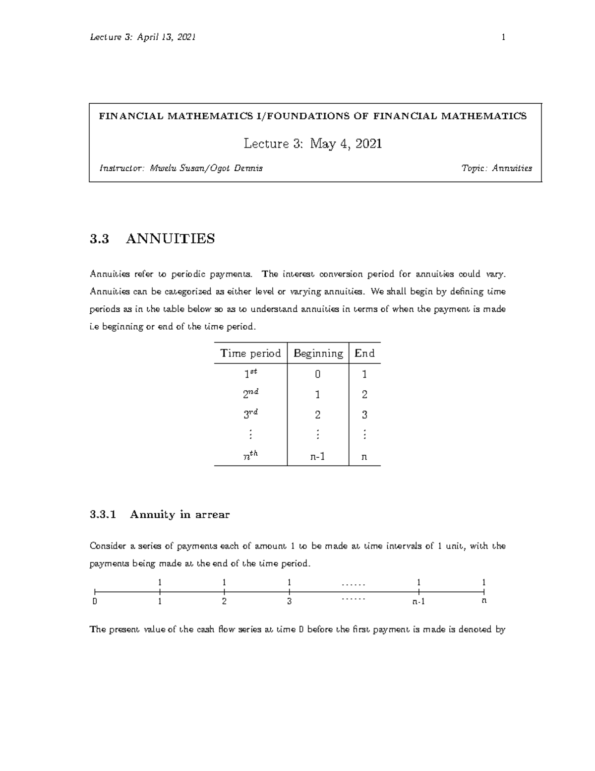 Lecture 3: Annuities Overview and Financial Mathematics Concepts - Studocu