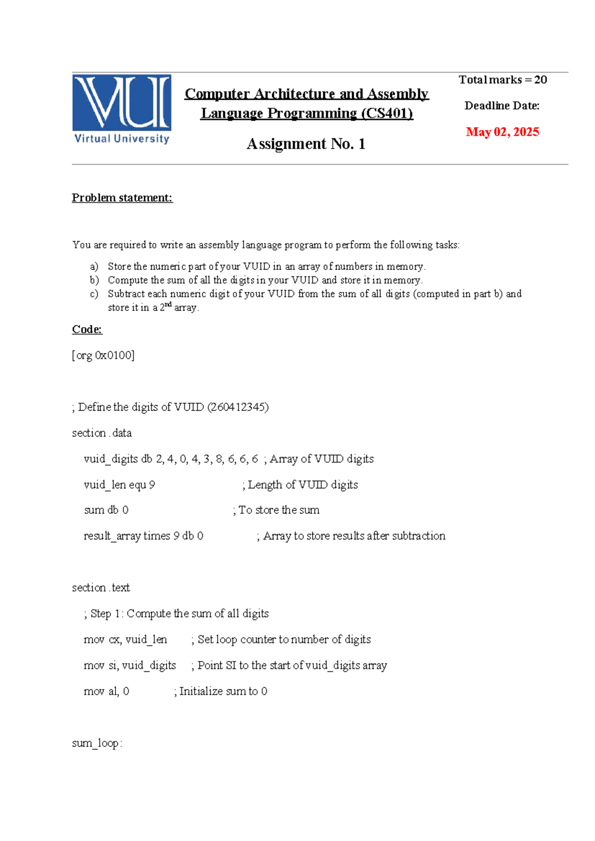 Assembly Language Program for VUID Processing (CS401) - Studocu
