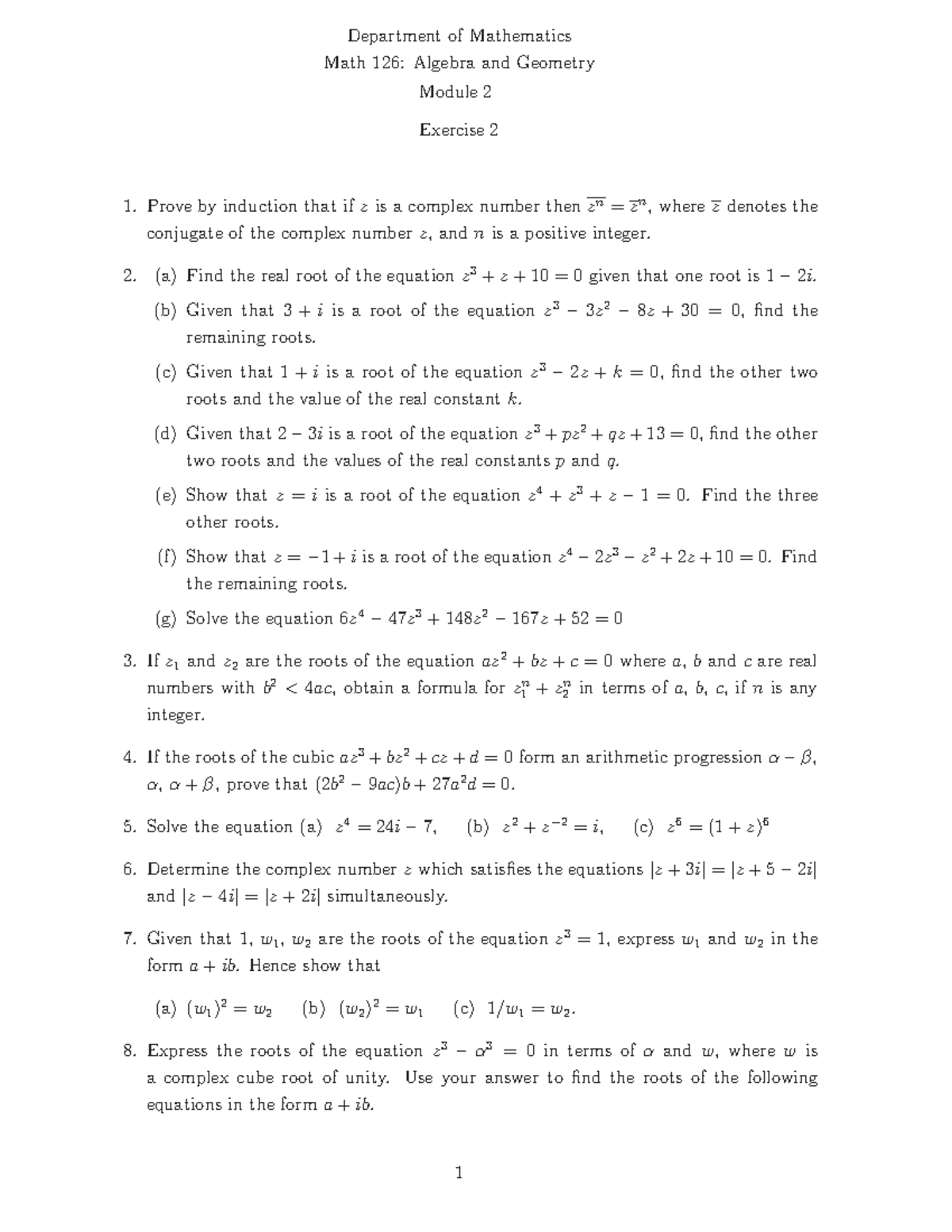 MATH 126 Exercise 2 - Solutions to Past Questions on Algebra and ...
