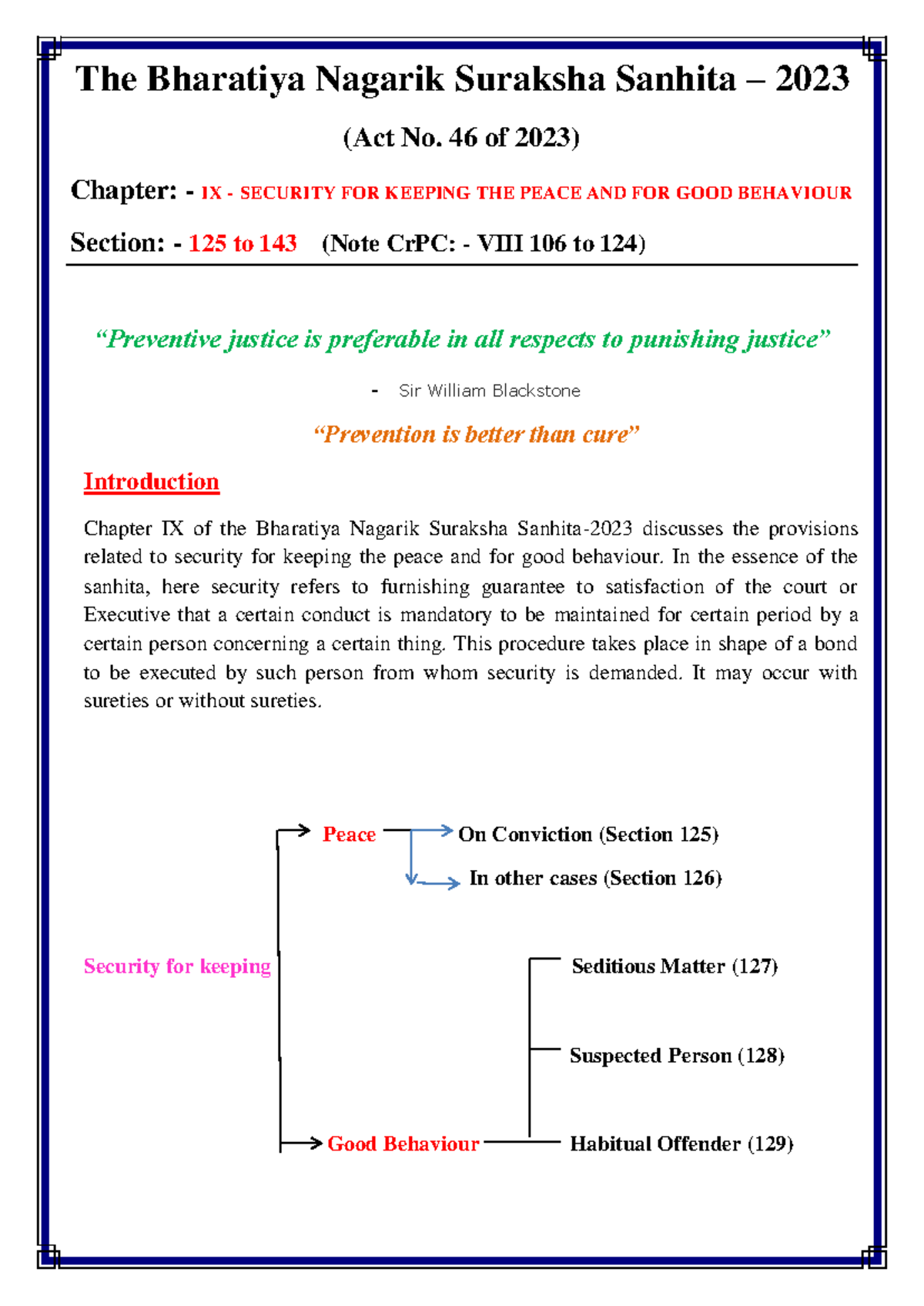 BNSS-2023: Chapter IX - Security for Peace & Good Behaviour - Studocu