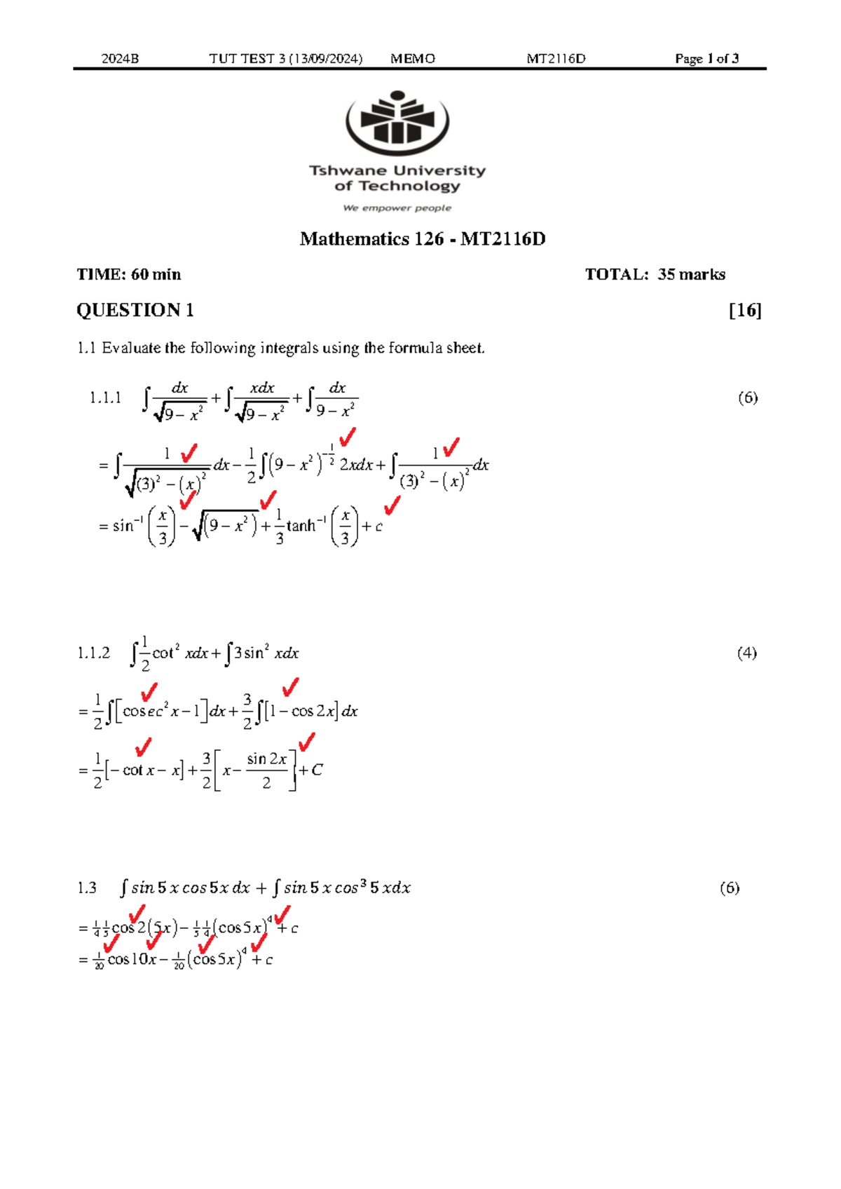 2024B MT2116D TUT Test 3 Memo - Mathematics Integrals - Studocu