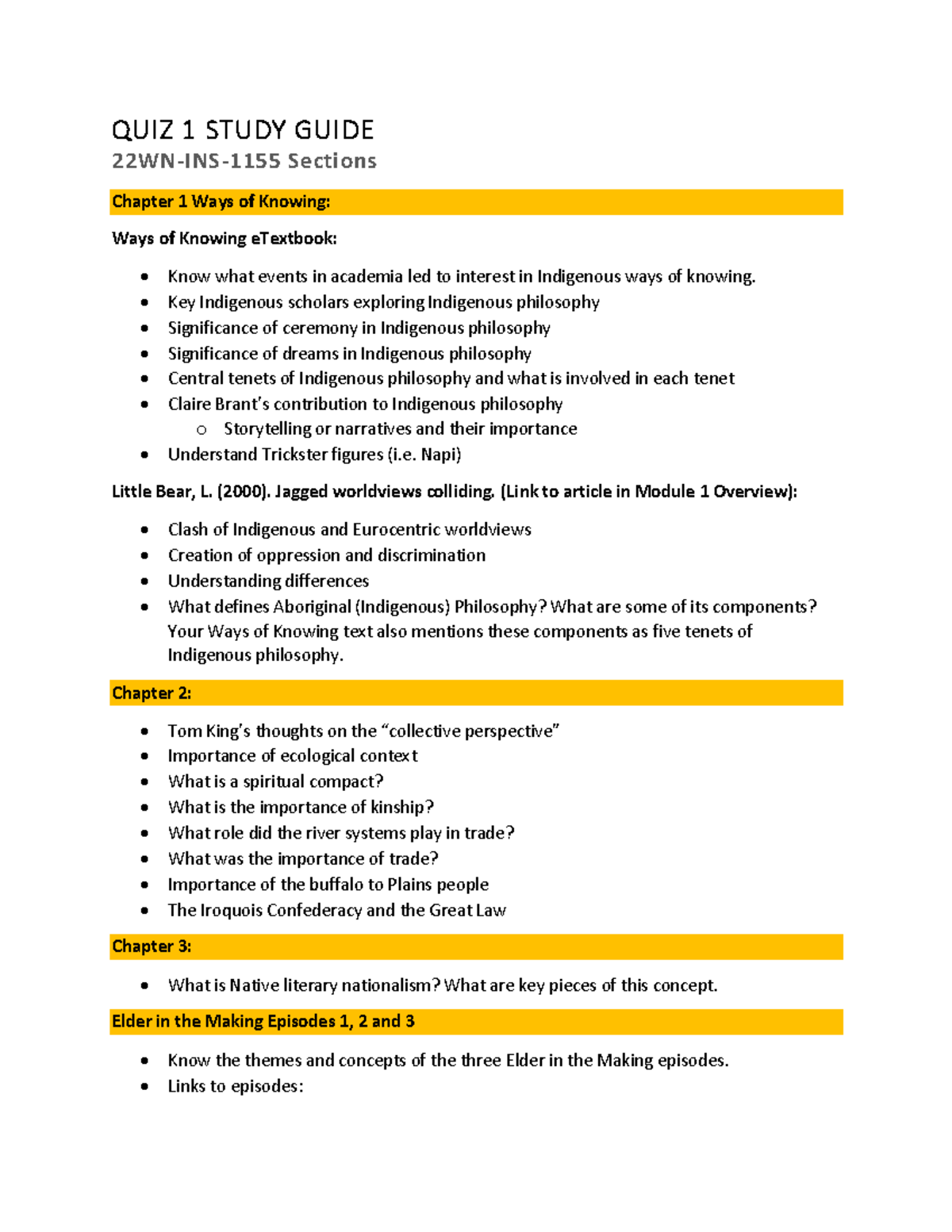 QUIZ 1 Study Guide - QUIZ 1 STUDY GUIDE 22WN-INS-1155 Sections Chapter ...